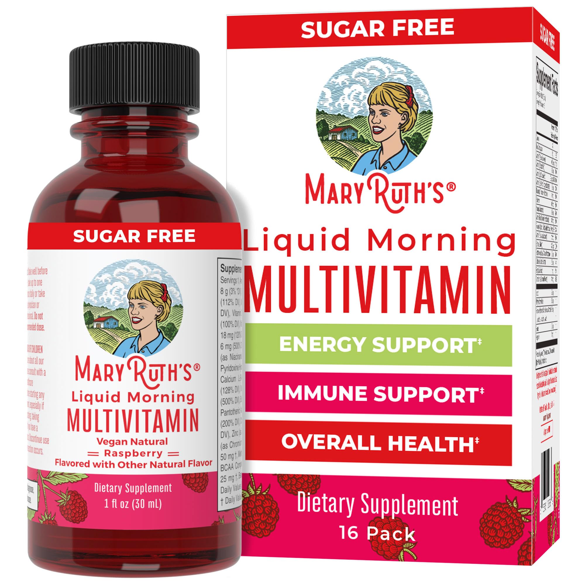 MaryRuth Organics Multivitamin for Women Men & Kids No Added Sugar | Morning Raspberry | Liquid Vitamins for Adults & Kids | Mens | Womens Multivitamin | Energy & Beauty Booster | 16-1 Fl Oz Bottles