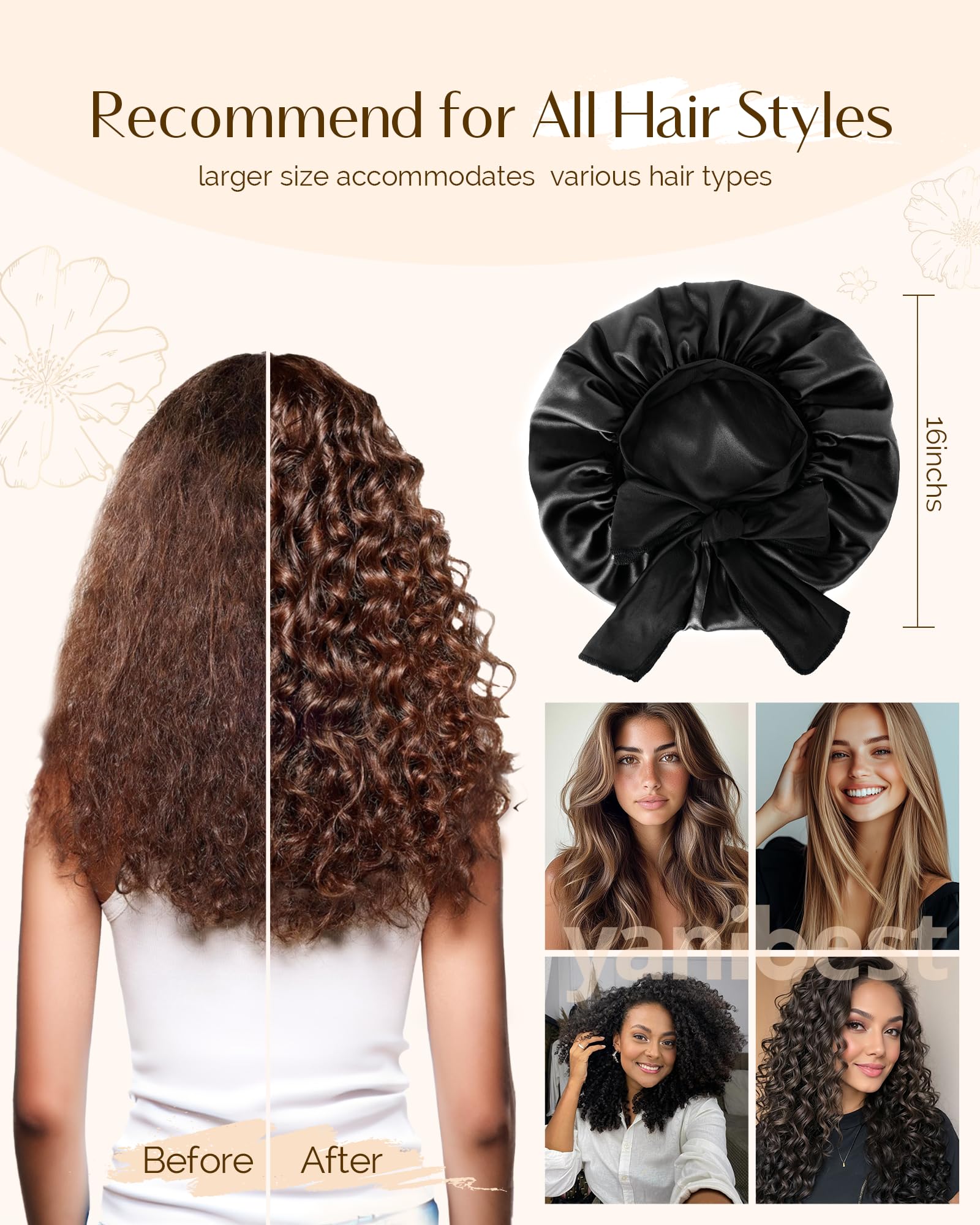 Yanibest Adjustable Satin Bonnet for Sleeping, Double Layer Silk Hair Bonnet with Tie Band for Unisex Women Men Curly Natural