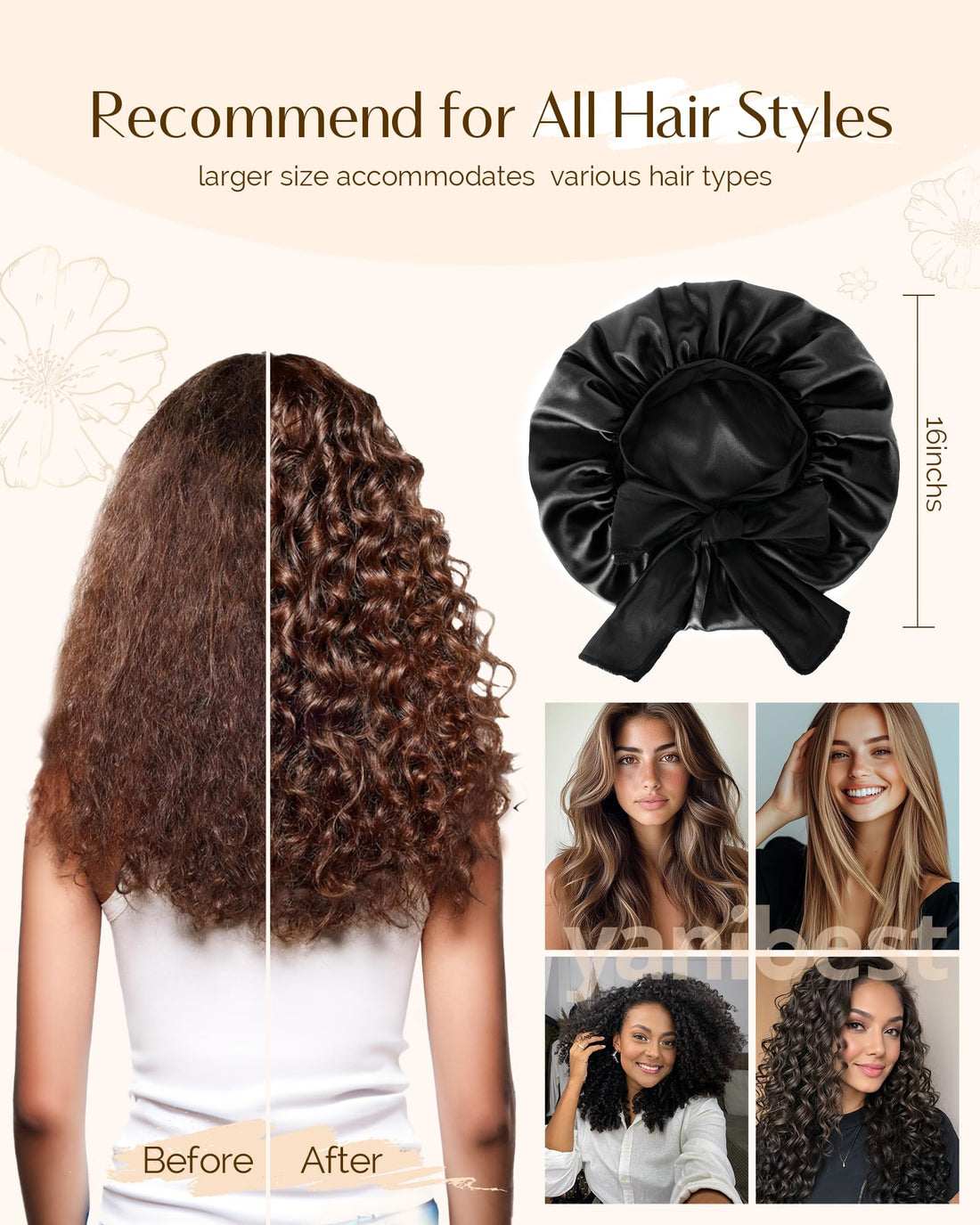 Yanibest Adjustable Satin Bonnet for Sleeping, Double Layer Silk Hair Bonnet with Tie Band for Unisex Women Men Curly Natural