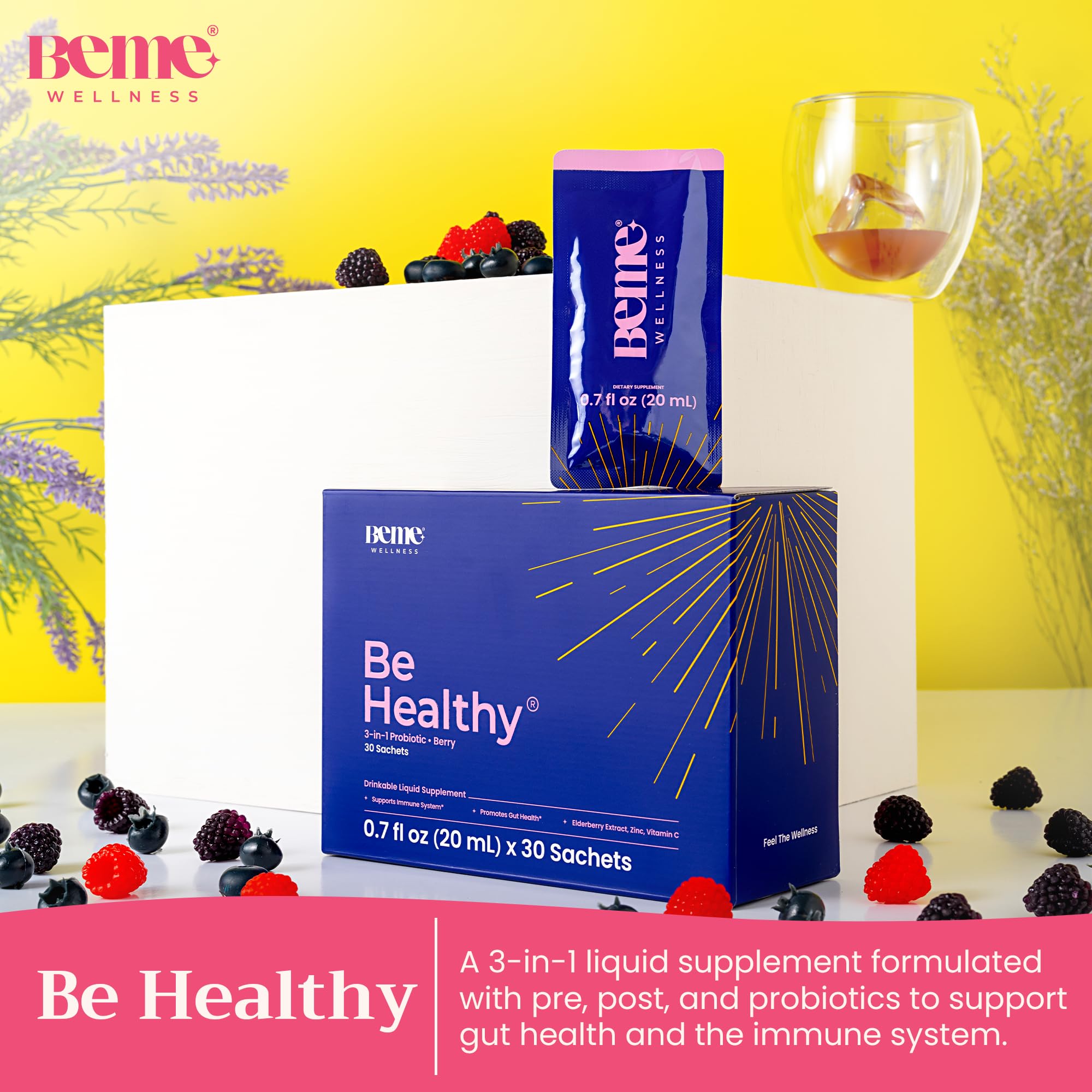 BeMe 3-in-1 Liquid Probiotic for Women & Men, Be Healthy-Drinkable Liquid Probiotics Supplement for Digestive & Gut Health - Prebiotic, Probiotic, & Postbiotic Supplements for Adults (30 Sachets)