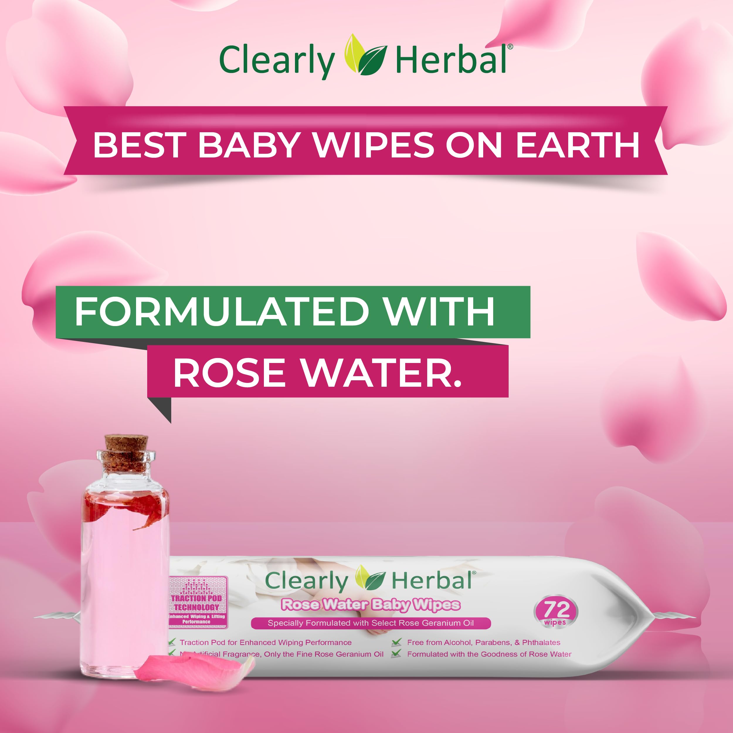 Clearly Herbal Rose Water Gentle Baby Wipes (72 Count X 4 Packs = 288 Wipes)