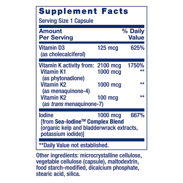 Life Extension Vitamins D and K with Sea-Iodine, vitamin D3, vitamin K1 and K2, iodine, supports immune, bone, arterial and thyroid health, non-GMO, gluten-free, 60 capsules