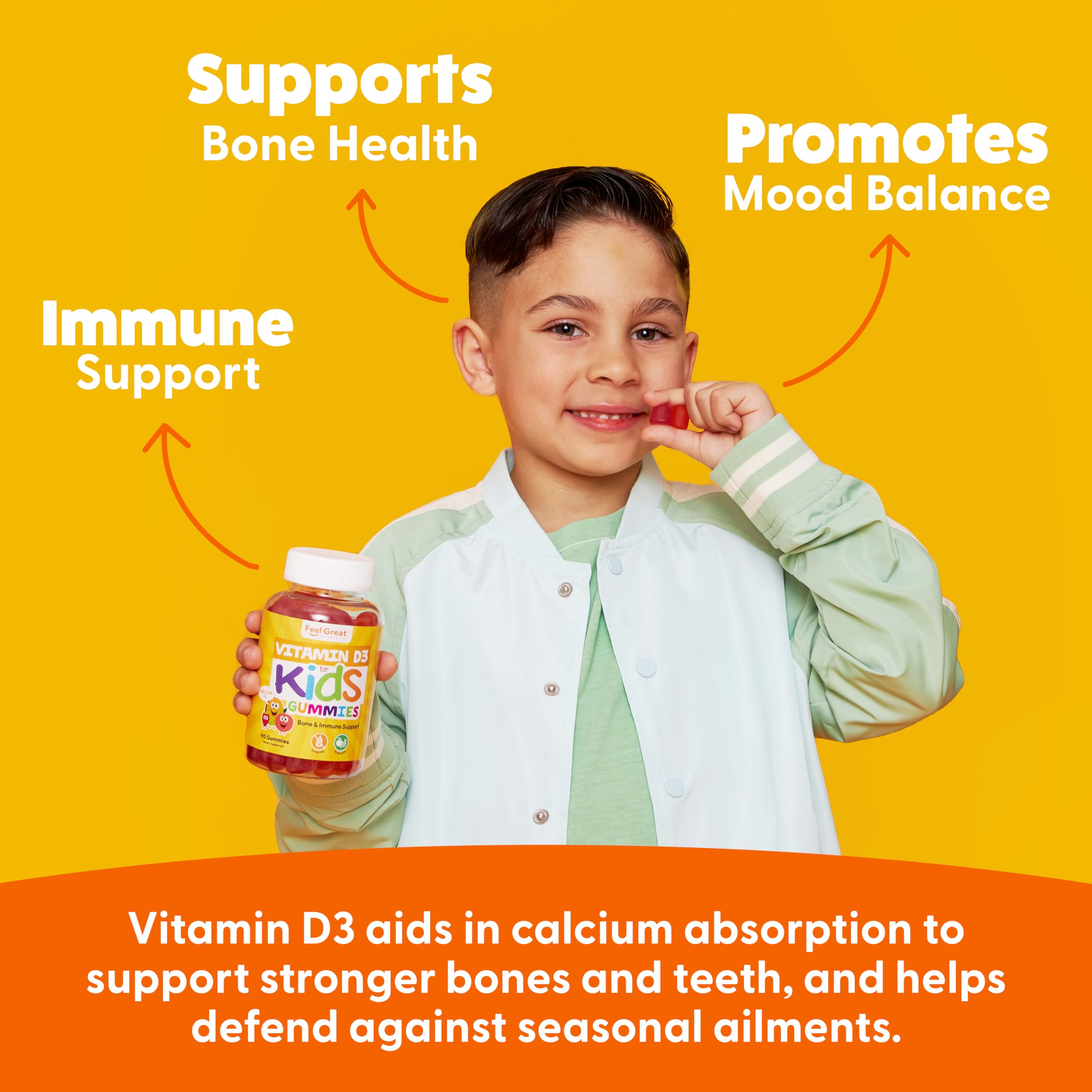 Vitamin D3 1000IU Gummy Vitamins for Kids (60 Day Supply) by Feel Great Vitamin Co | 60 Gummies | Delicious Plant Based Gummies | Supports Healthy Bones, Teeth, Mood, Immune System*