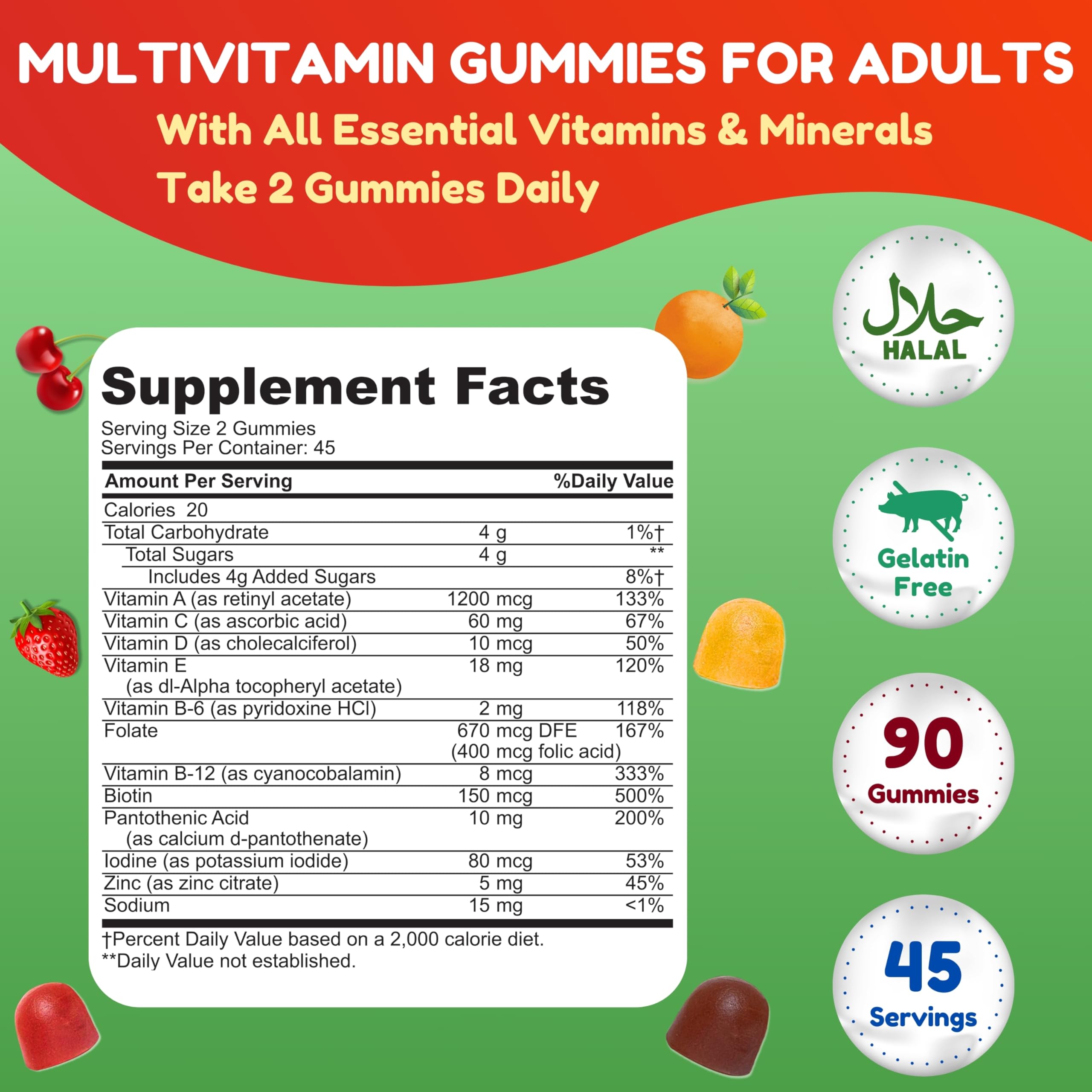 Halal Multivitamin Gummies for Women & Men | Immune & Overall Wellness | 90 Delicious Gummy Vitamins (45-Day Supply). Non-GMO & Vegetarian Essential Halal Vitamins w/ Folate, Zinc, B12, Biotin & More