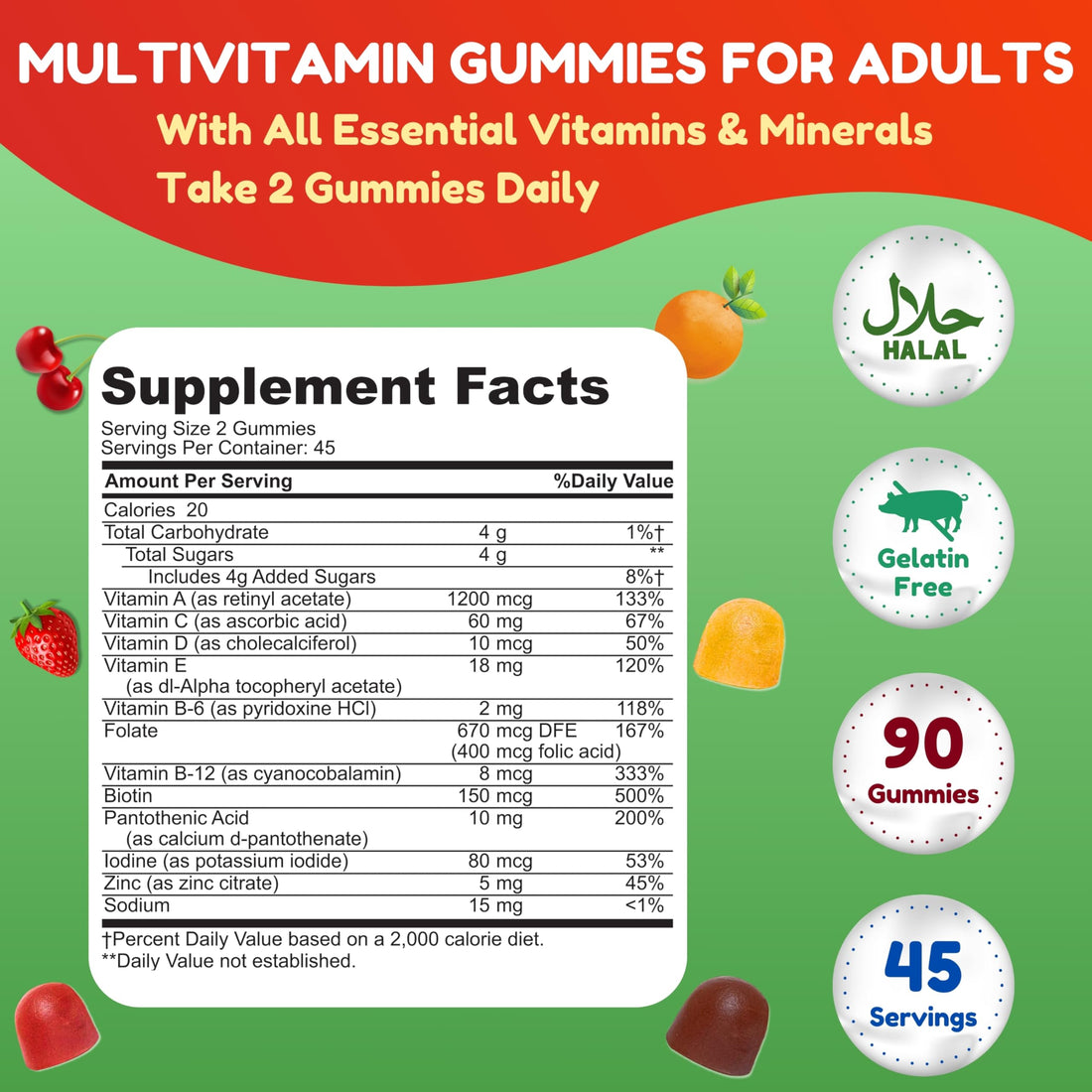 Halal Multivitamin Gummies for Women & Men | Immune & Overall Wellness | 90 Delicious Gummy Vitamins (45-Day Supply). Non-GMO & Vegetarian Essential Halal Vitamins w/ Folate, Zinc, B12, Biotin & More