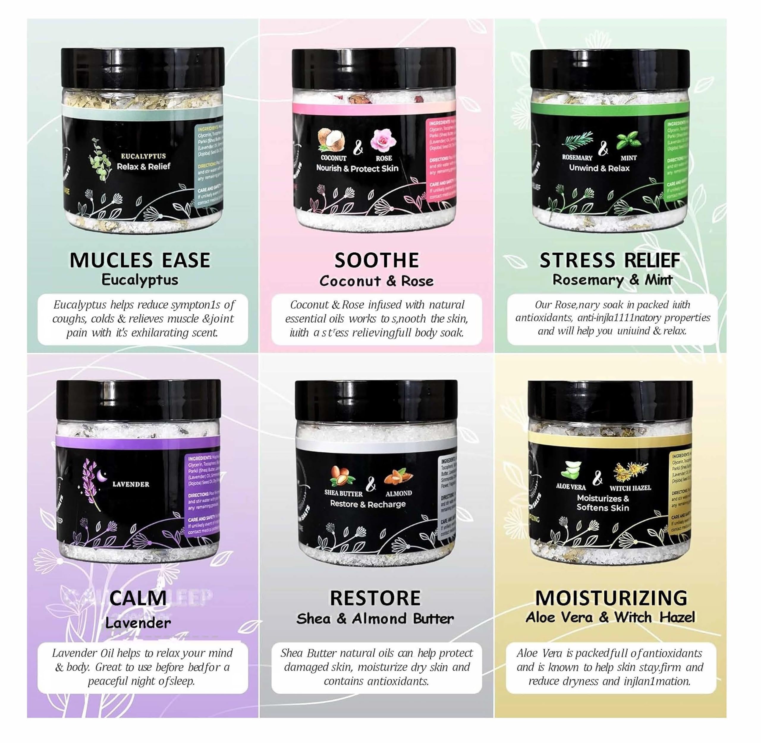 Epsom Bath Salts Gift Set, Relaxing Spa Salt & Essential Oils, Bubble Bath Soaks - Lavender, Eucalyptus, Coconut, Shea Butter, Rose Mary & Aloe Vera Self Care Gifts for Women (6 Pack)