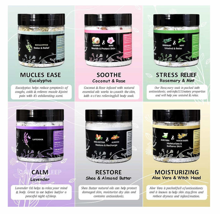 Epsom Bath Salts Gift Set, Relaxing Spa Salt & Essential Oils, Bubble Bath Soaks - Lavender, Eucalyptus, Coconut, Shea Butter, Rose Mary & Aloe Vera Self Care Gifts for Women (6 Pack)