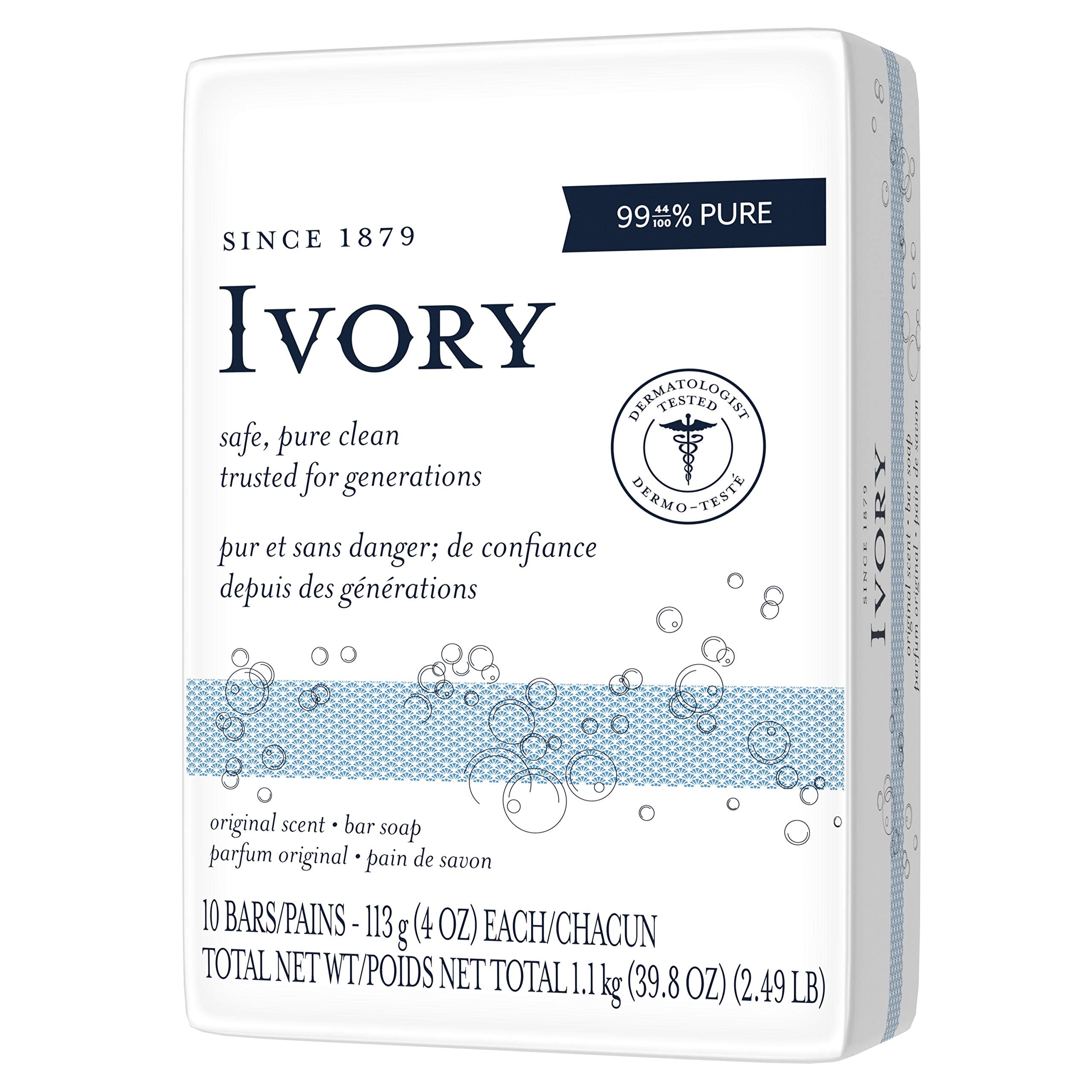 Ivory Bar Soap, Original Scent, 10 count, 4 oz (Pack of 8, total of 80 Bars)