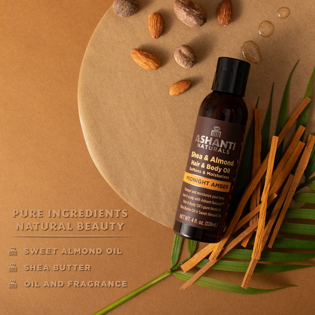 Ashanti Naturals Pure Shea and Sweet Almond Oil for Hair and Skin | Moisturizing Body Oil for Dry Skin, Scalp and Hair [Fragrance: Midnight Amber, 4 oz]