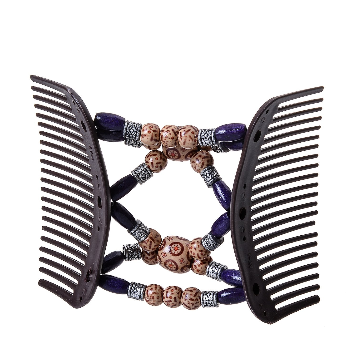 Lovef Women Magic Combs Wood Beaded Stretch Double Side Combs Clips Bun Maker Hair Accessories (Purple)