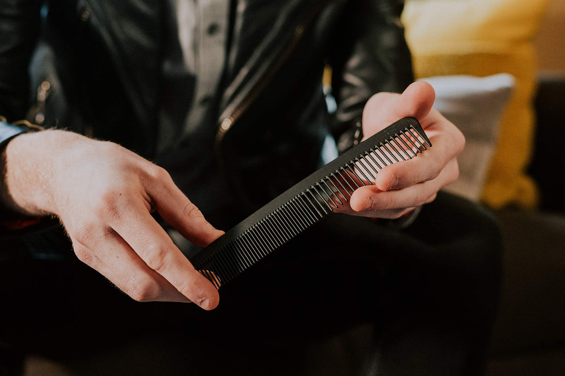 Chicago Comb Model 6 Carbon Fiber Comb + English Tan Horween leather sheath, Made in USA, ultimate styling comb, for men & women, ultra smooth strong & light, anti-static, premium leather sheath