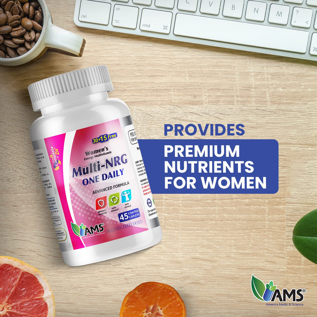 America Medic & Science Multivitamins for Women, Multi-NRG, 45 Coated Caplets, One Daily, Immune Support Supplements, Vitamin C & B Complex, Vital Micro-Nutrients & Natural Herbal Ingredients.