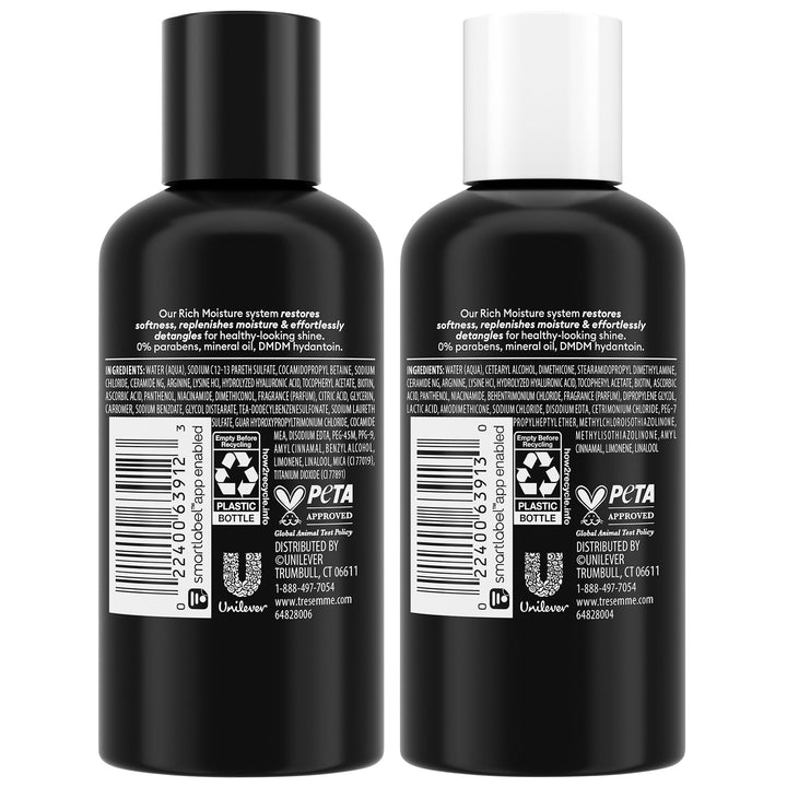 TRESemmé Travel Essentials, Rich Moisture Shampoo 3-Pack + Conditioner 3-Pack – Moisturizing Hair Care with Hyaluronic Acid, Paraben-Free, 3 Oz Ea