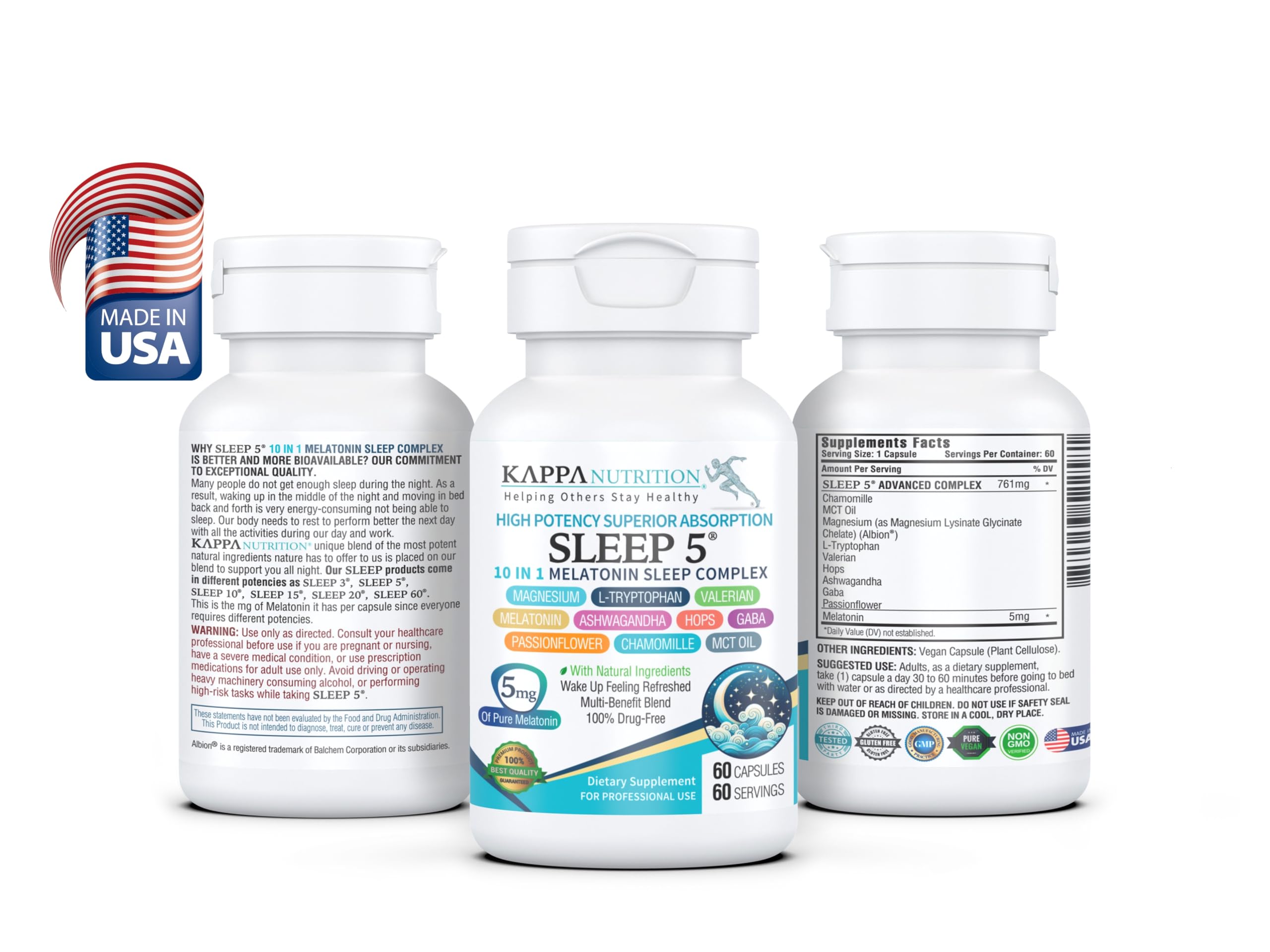 KAPPA NUTRITION Sleep 5, Sleep Aid, 5mg of Melatonin, 60-Day Supply, Non-Habit Forming Vegan Capsules Natural Ingredients for Easier Bedtime, Herbal Supplement, Valerian Root, Chamomile Non-GMO