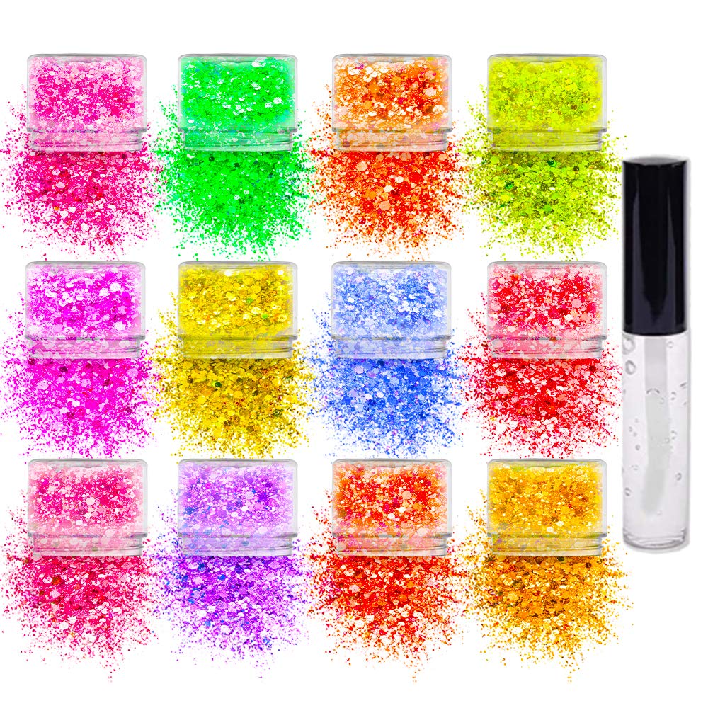Neon Holographic Body Glitter I 12 Colors + 1 Glitter Glue for Face, Hair, Nail, Eye & Glitter Eyeshadow - Perfect for Halloween Makeup, Raves, Festivals, Resin, Tumblers, Cosmetic & Nail Art