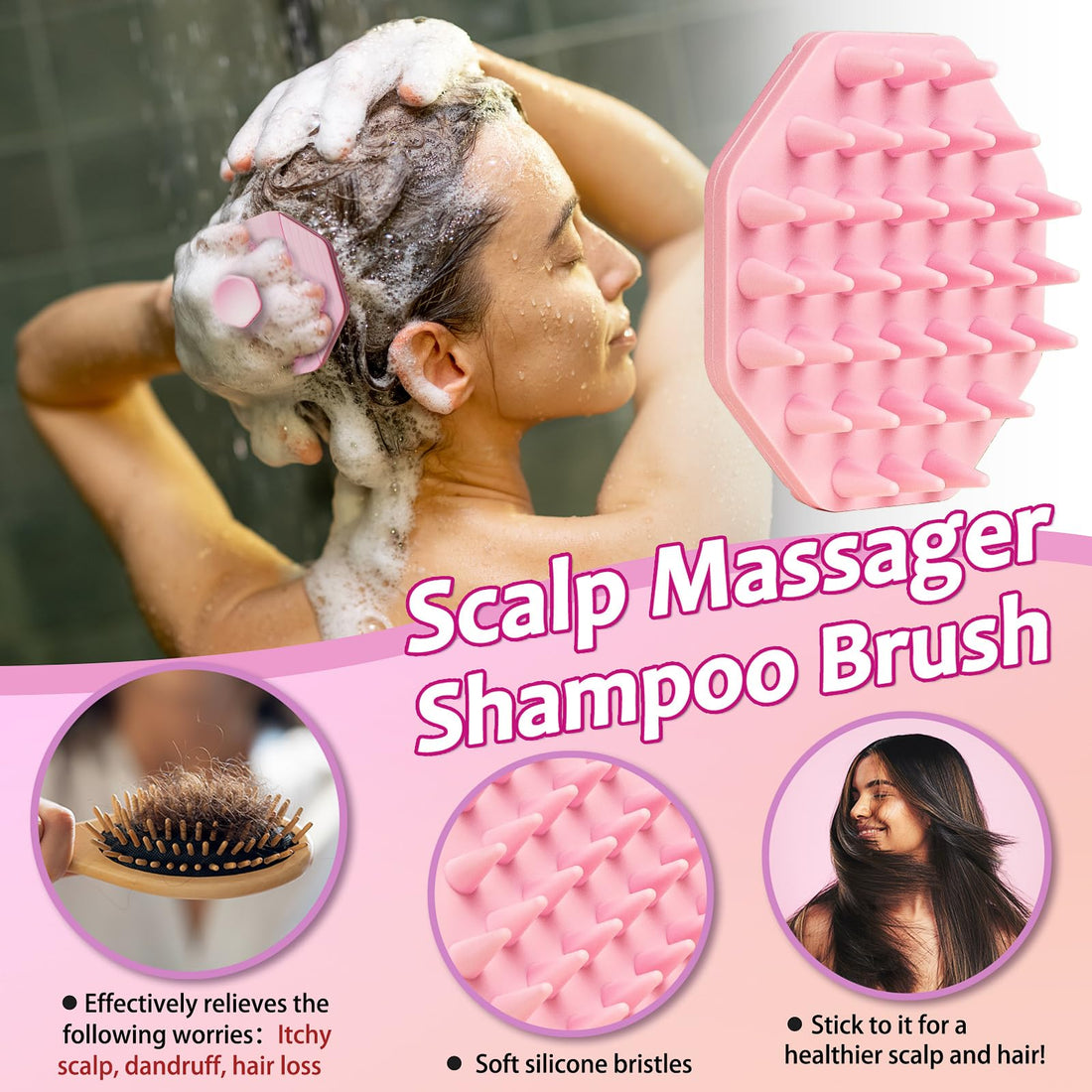 3 Soft Silicone Skin Scrubbers - Body Scrubber Exfoliating Brush Bath Shower Tool, with Gentle Manual Face Cleansing Wash Scrubber, with Hair Scalp Massager Shampoo Brush (Pink)