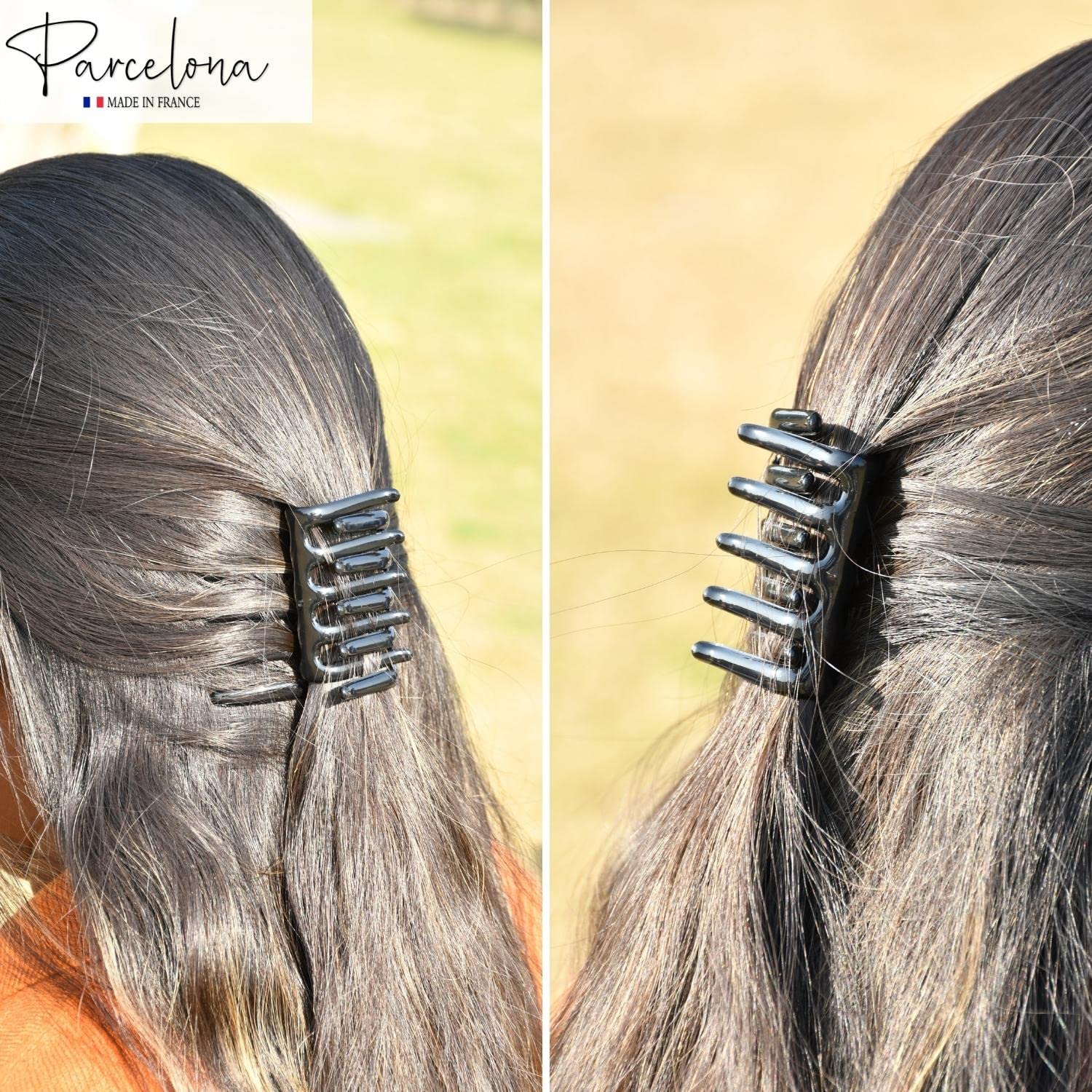 Parcelona French Crab Interlocking Medium Celluloid Glossy Black Hair Clip Side Comb 2 1/4 Inches