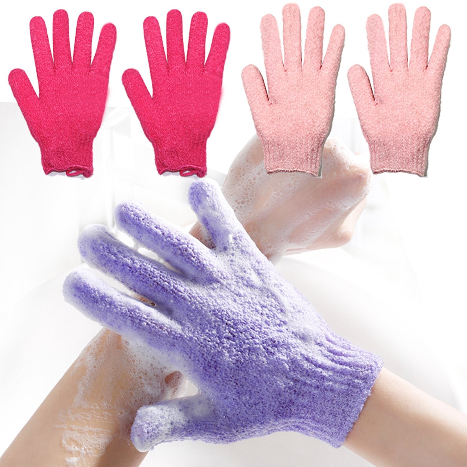 Exfoliating Bath Gloves Body Scrub Wash Mitts Skin Massage Sponge Towel Deep Cleansing Dead Skin Loofah Brush Scrub Luxury Spa Heavy with Lanyard Scrubber 2 Pair (red Pink)