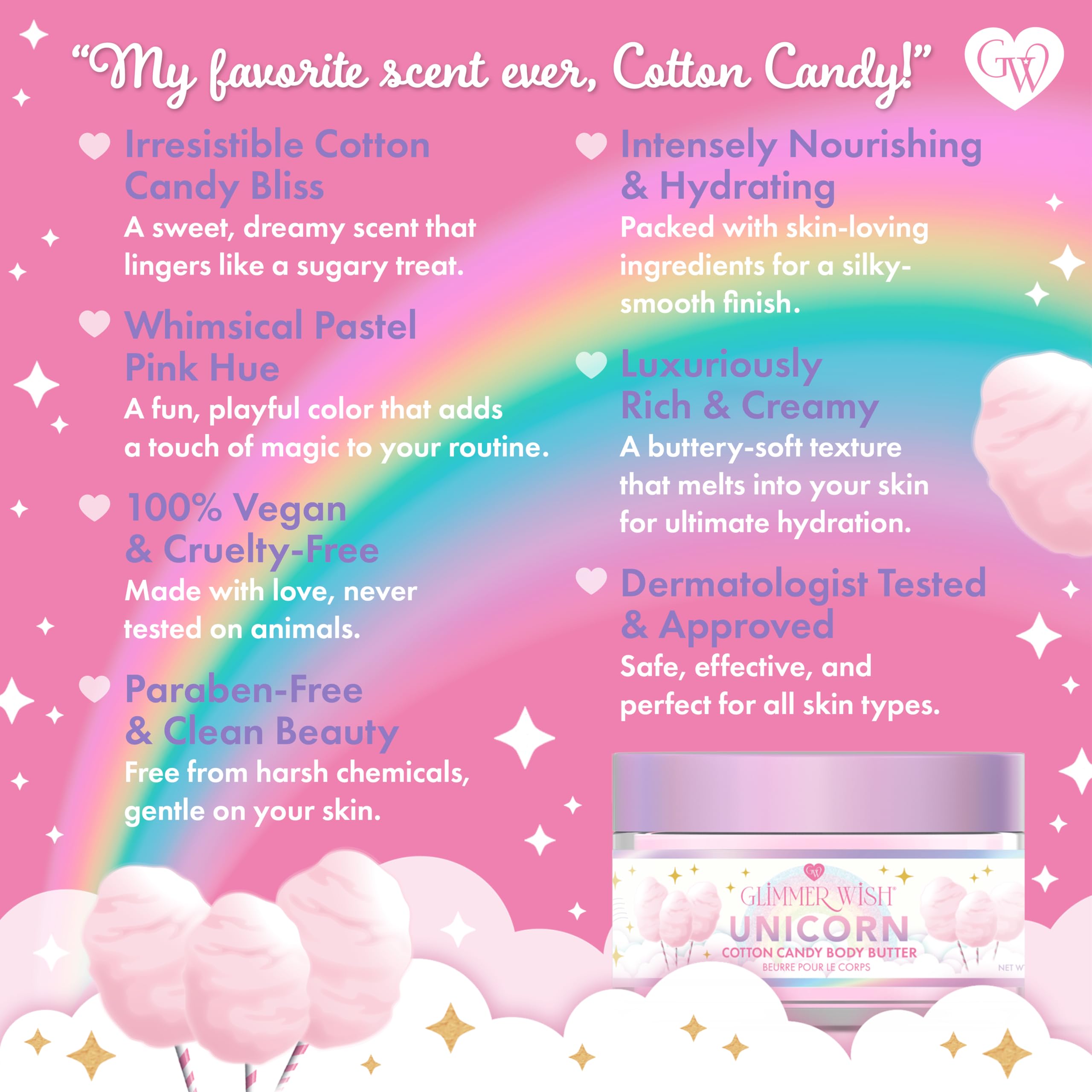 Glimmer Wish Whipped Body Butter for Women with Dry Skin – Shea & Coconut Moisturizer, Nourishing Body Cream for Women, Hydrating Lotion for Smooth, Soft Skin (Unicorn Cotton Candy)