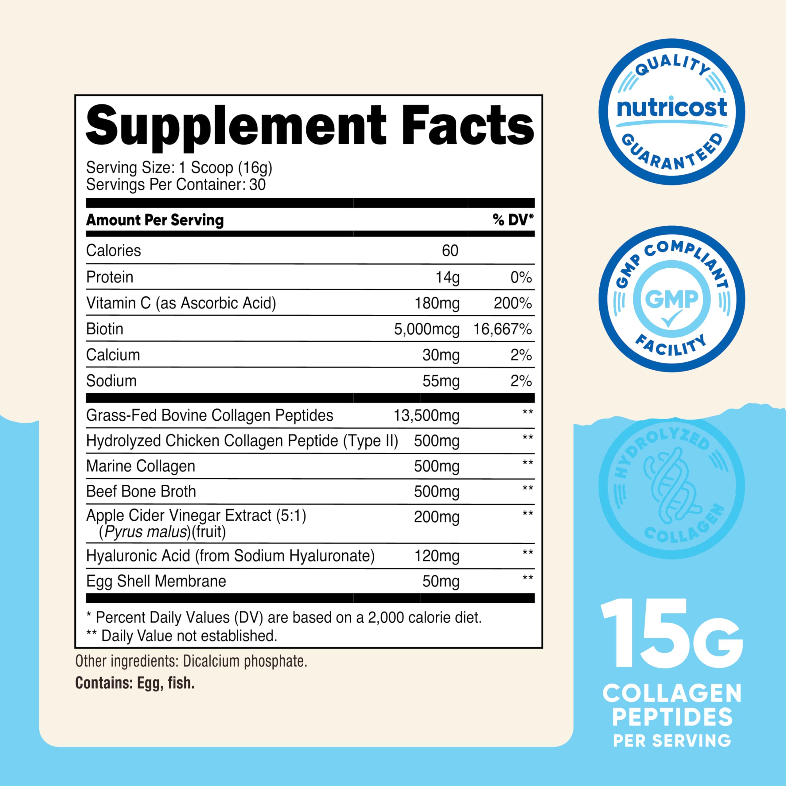 Nutricost Multi Collagen Protein Complex (Unflavored, 30 Servings) - Supplement with Biotin, Hyaluronic Acid, and Collagen Peptides