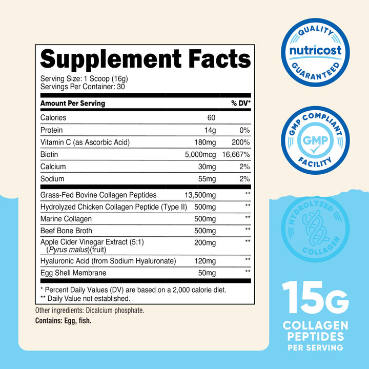 Nutricost Multi Collagen Protein Complex (Unflavored, 30 Servings) - Supplement with Biotin, Hyaluronic Acid, and Collagen Peptides