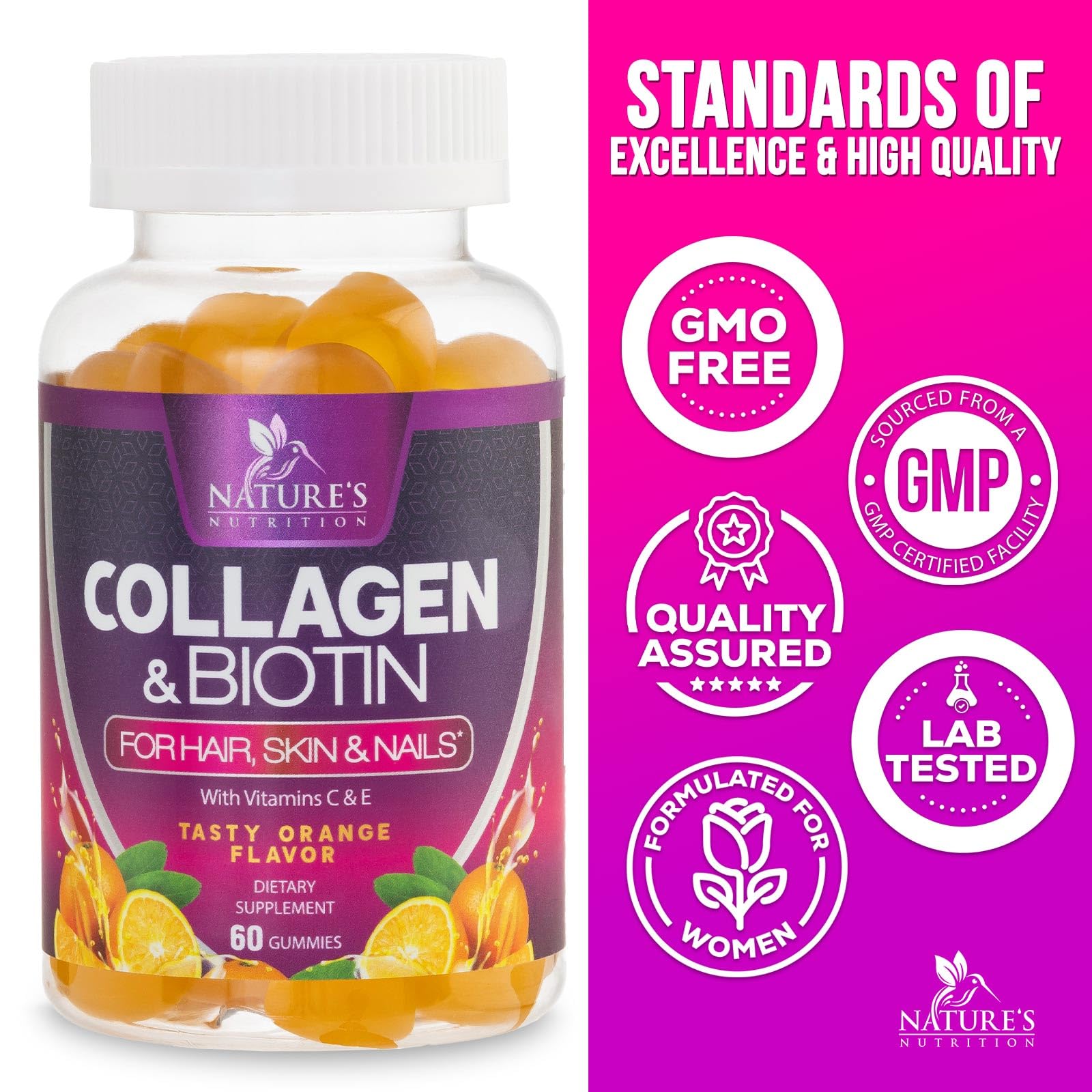 Collagen Gummies with 2500mcg Biotin, Vitamin C & Zinc - Hydrolyzed Collagen Peptide Type 1 & 3 Supplement - Advanced Hair, Skin & Nail Growth Support for Women & Men, Gluten Free, Non-GMO - 60 Count