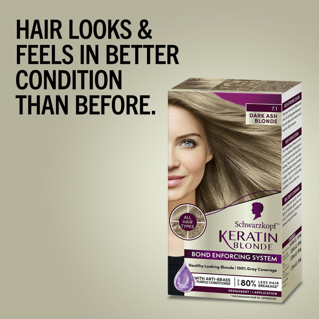 Schwarzkopf Keratin Color Permanent Hair Color, 7.1 Dark Ash Blonde, 1 Application - Professionally Inspired Permanent Hair Dye, for up to 80% Less Breakage vs Untreated Hair and up to 100% Gray Cover
