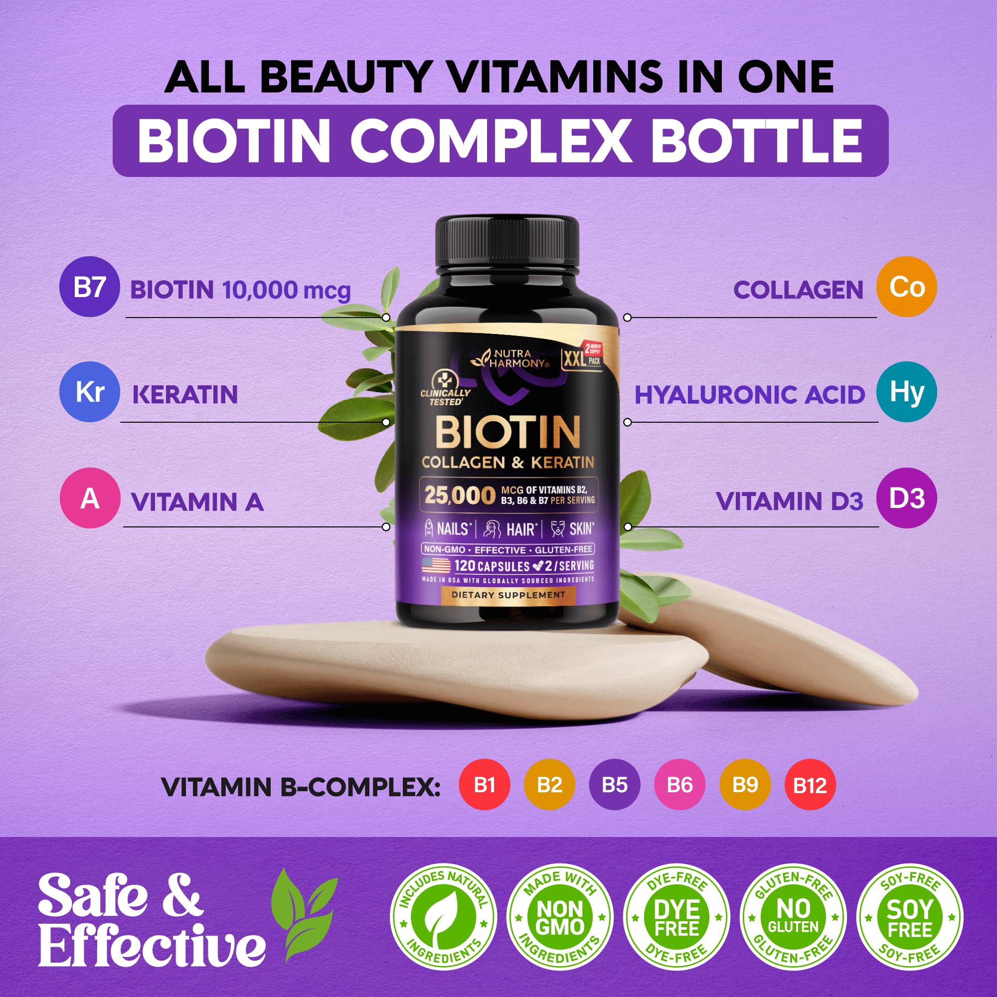 Biotin | Collagen | Keratin - Clinically Tested Supplement - Hair Growth Support - Skin & Nails Complex - 25000 mcg Vitamins B2, B3, B6 & B7 | Hyaluronic Acid - Made in USA - Women & Men, 120 Capsules