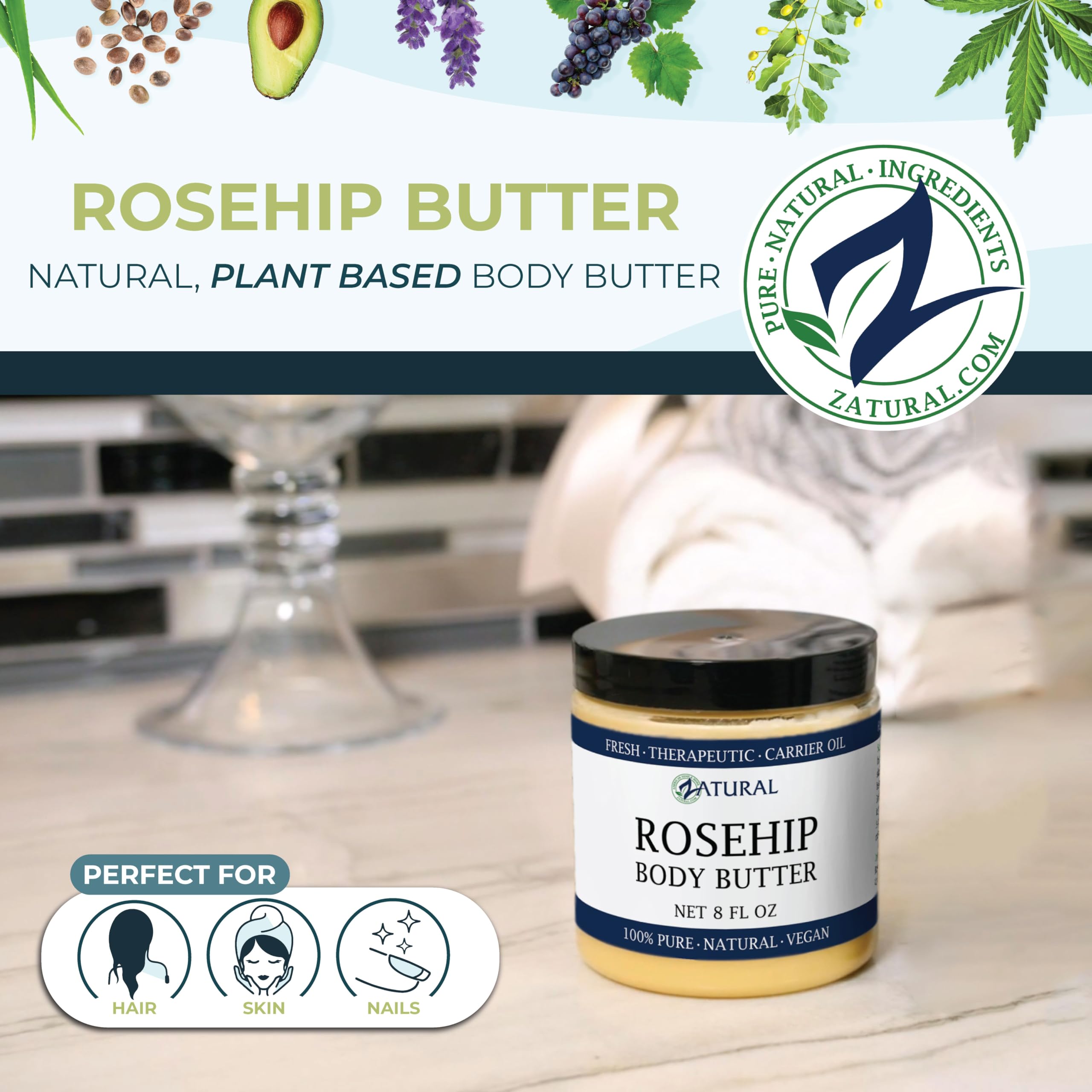 Zatural Organic Seed ROSEHIP BUTTER w/ Virgin Shea (8 oz)- Pure Vitamin C for the Face, Hair & Body | Soothe, Heal | Safe for all ages (8 oz)