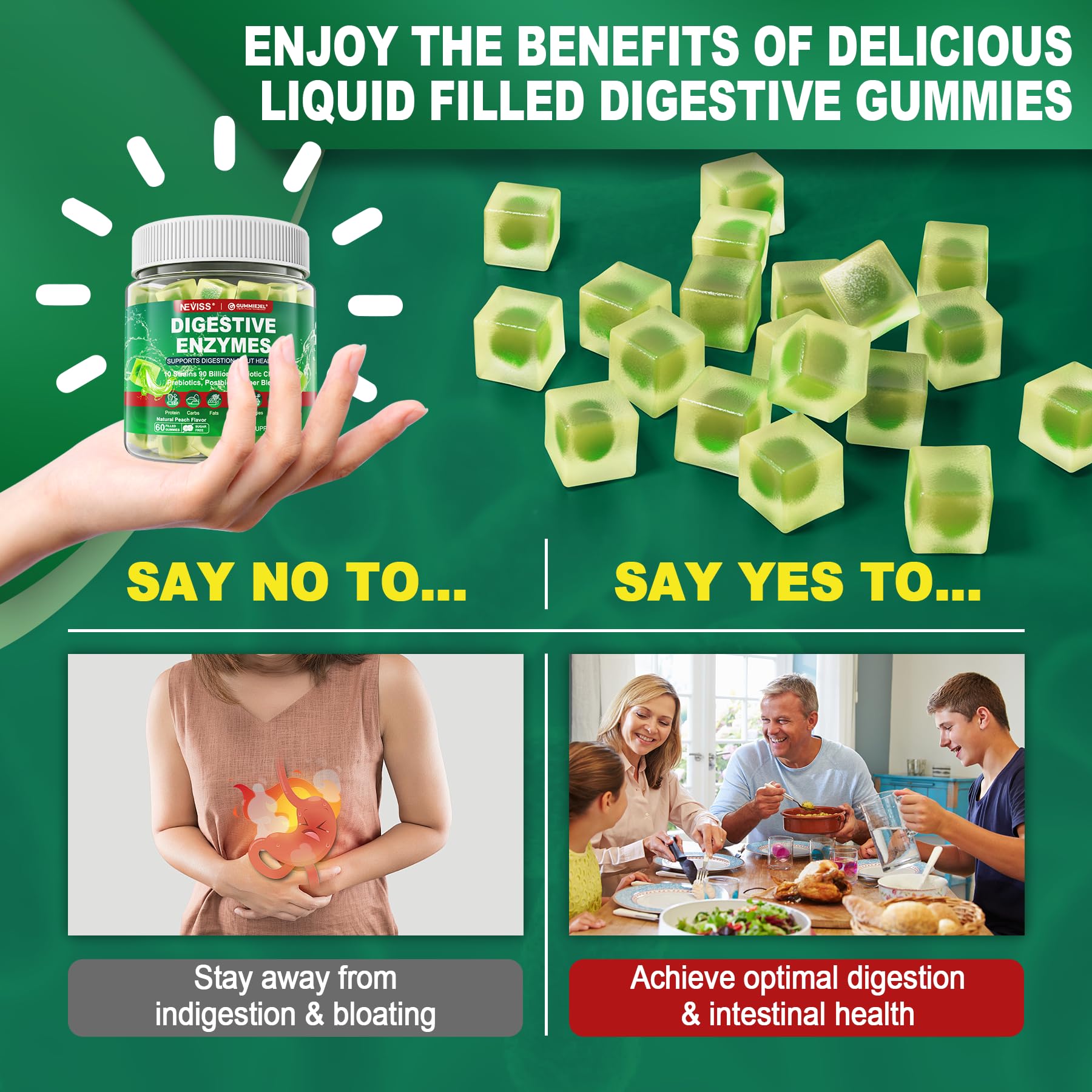 Neviss Digestive Enzymes Gummies Plus 90 Billion CFU Probiotics & Prebiotics & Postbiotic and Fiber for Women and Men, Daily Multi-Enzymes for Digestive Health, Regularity Gut, Immune,Sugar Free 60Cts