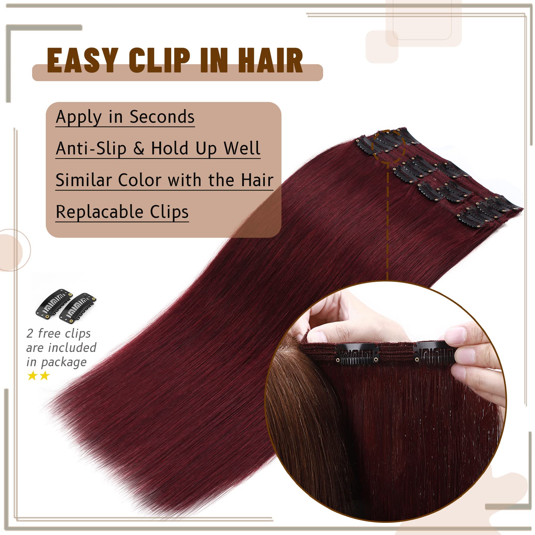 S-noilite Burgundy 100% Remy Human Hair Clip in Extensions Double Weft 16Inch Wine Red Straight Soft Grade 7A Quality 8pcs 18 Clips 130g Thick Full Head Brazilian Hair For Women #99J