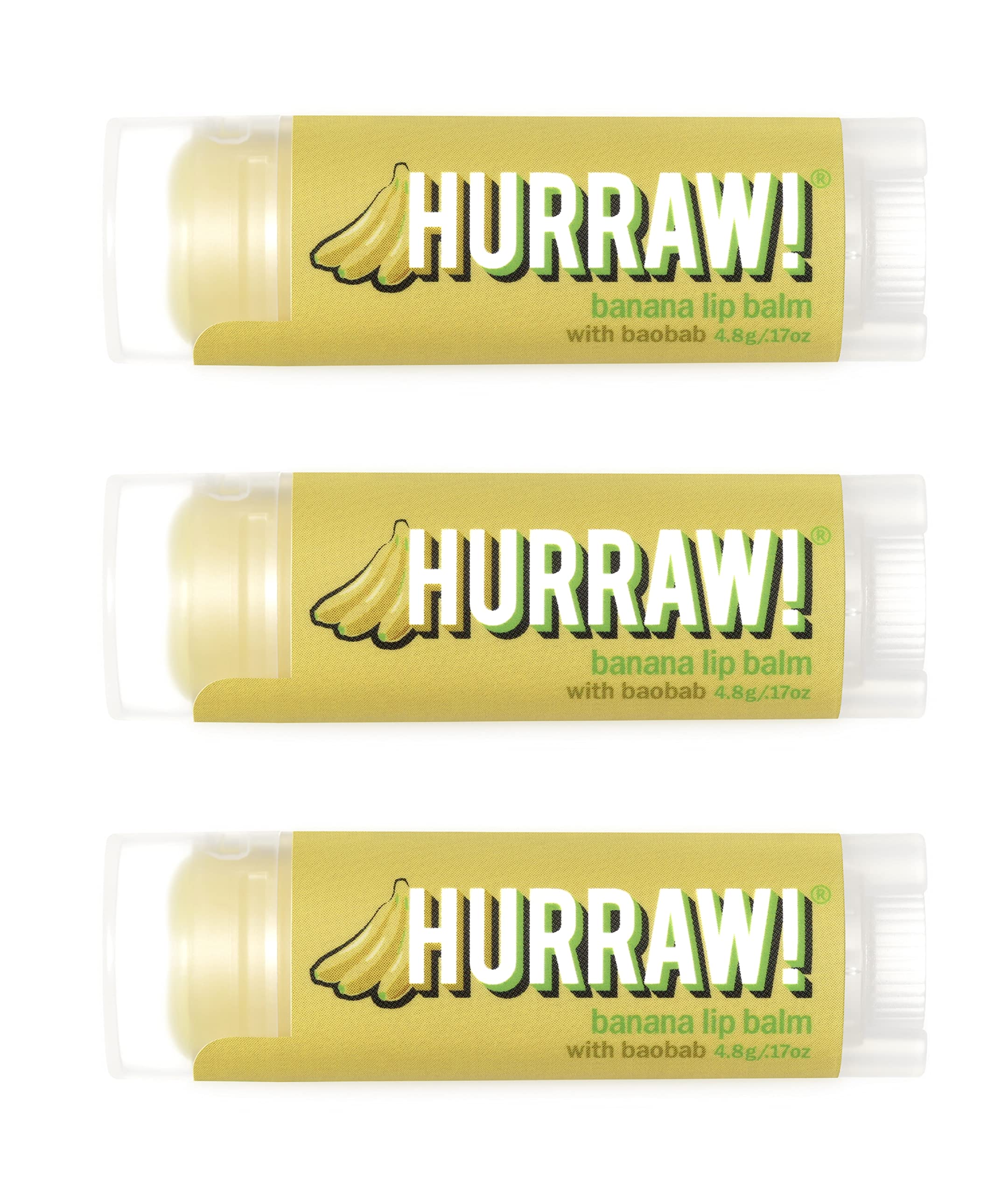 Hurraw! Banana Lip Balm, 3 Pack: Organic, Certified Vegan, Cruelty and Gluten Free. Non-GMO, 100% Natural Ingredients. Bee, Shea, Soy and Palm Free. Made in USA