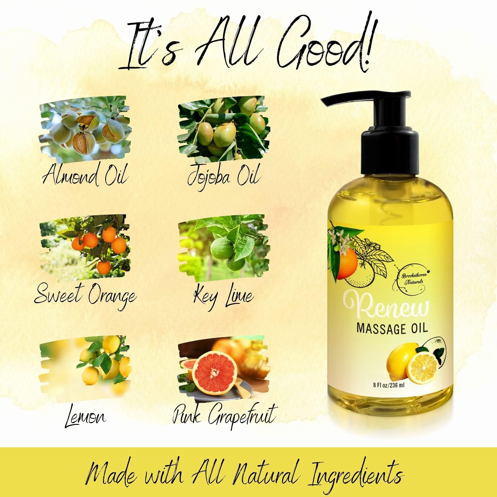 Renew Massage Oil with Orange, Lemon & Peppermint Essential Oils - Great for Massage Therapy or Home use. Ideal for Full Body – with Almond, Grapeseed & Jojoba Oils – by Brookethorne Naturals