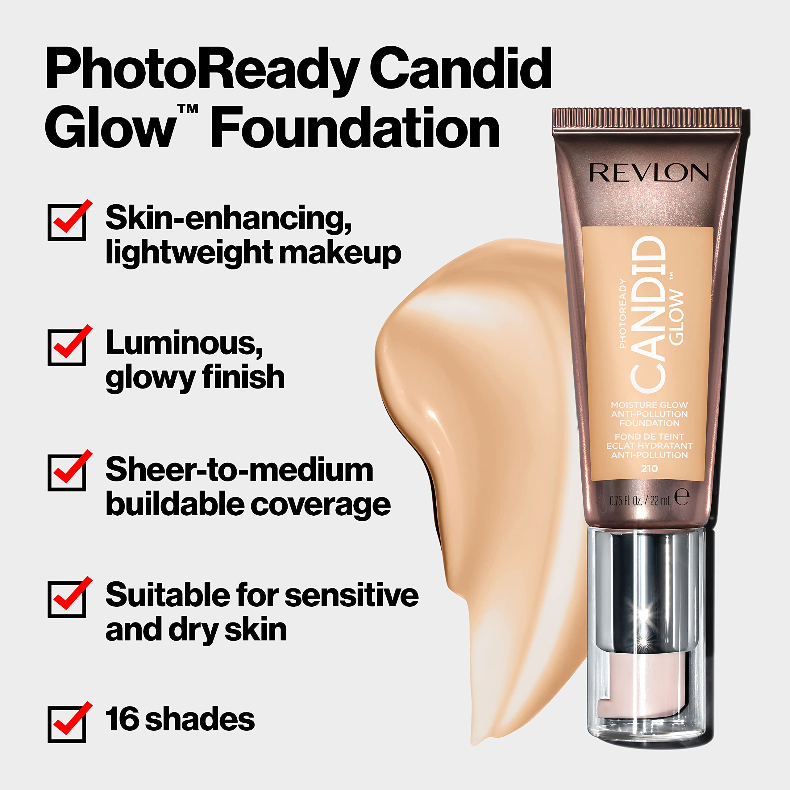 Revlon PhotoReady Candid Glow Moisture Glow Anti-Pollution Foundation with Vitamin E and Prickly Pear Oil, Anti-Blue Light Ingredients, without Parabens, Pthalates, and Fragrances, True Beige, 0.75 oz