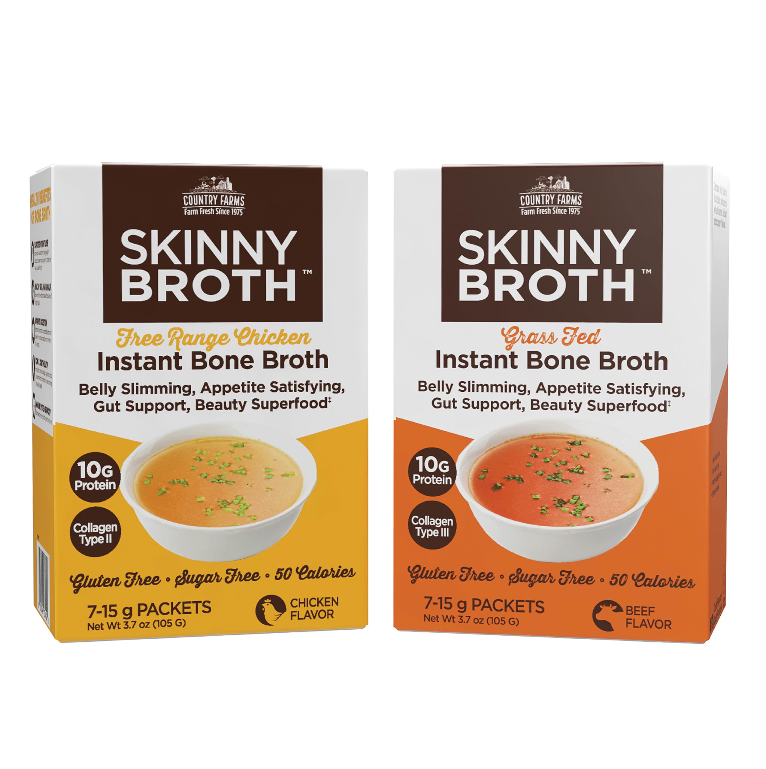 COUNTRY FARMS Skinny Broth 7-Day Plan, Instant Chicken and Beef Bone Broth, 10G Protein, Collagen Type II, Promotes Better Digestion, Bone and Joint Health, 7 Day Plan, 14-15g Packets