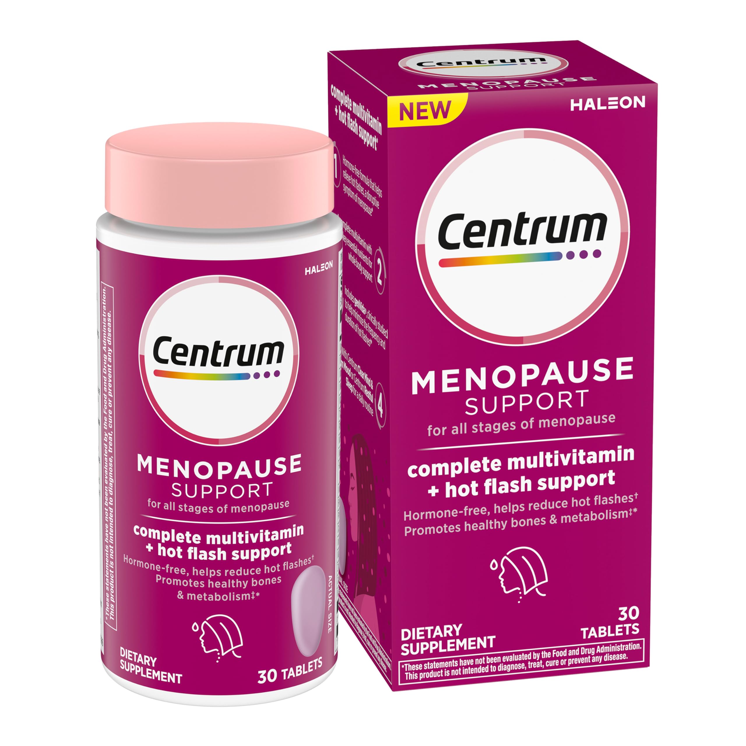 Centrum Complete Multivitamin Supplement + Hot Flash Support Menopause Support Tablets, with Clinically Studied geniVida, 30 Count
