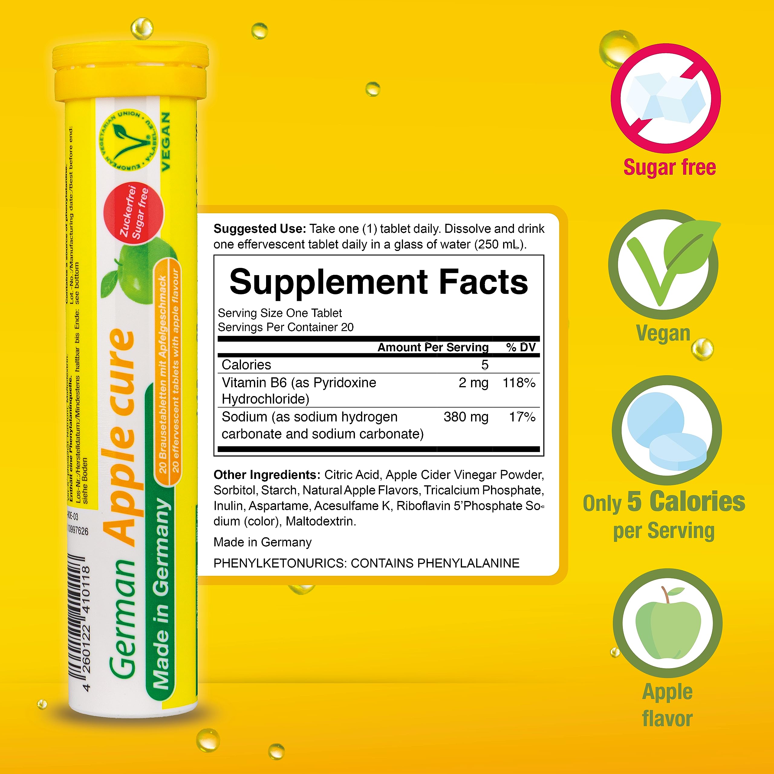 T&D German Apple Cure - 240 Vegan Drink Effervescent Tablets - Apple Flavor - Made in Germany