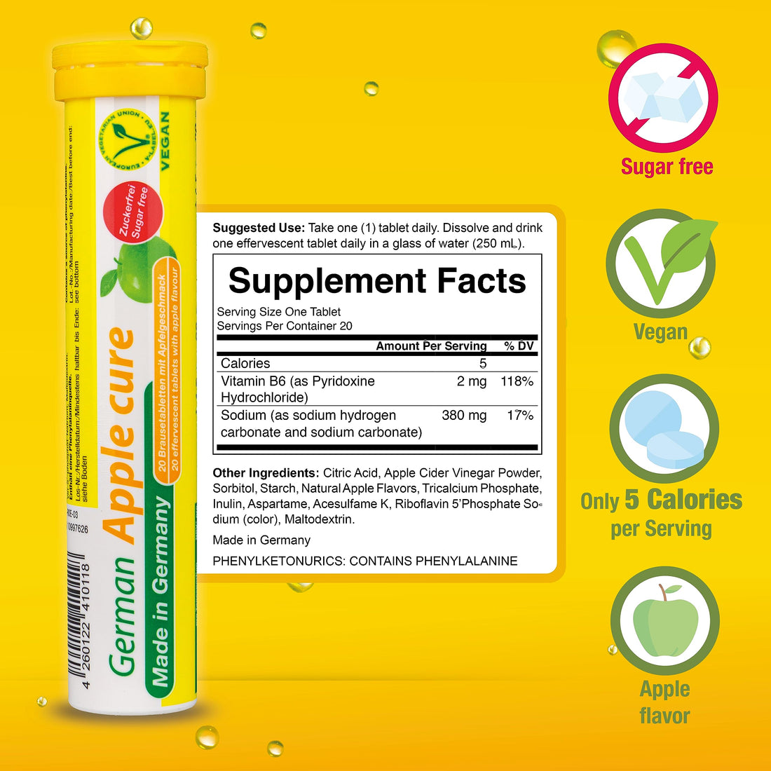 T&D German Apple Cure - 240 Vegan Drink Effervescent Tablets - Apple Flavor - Made in Germany