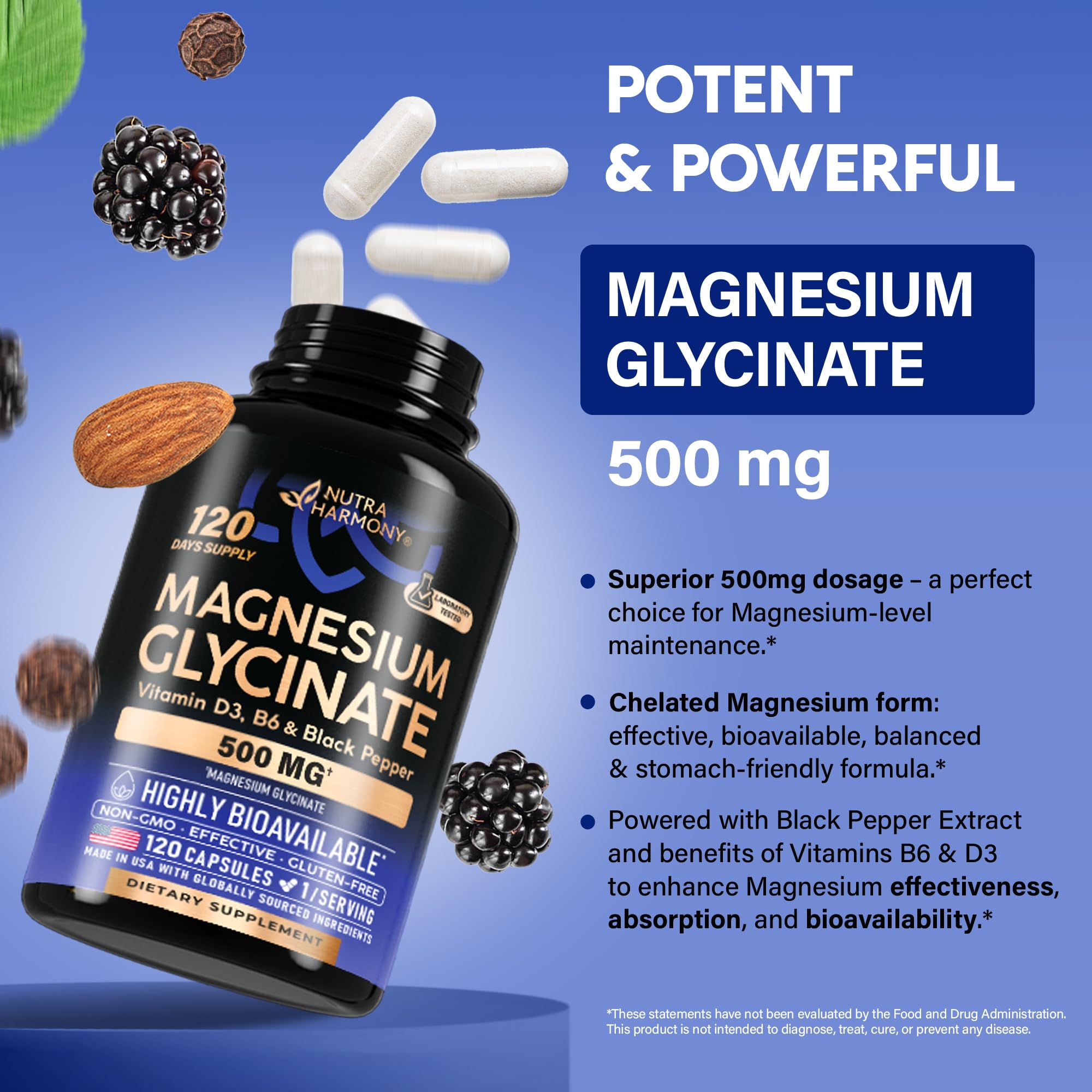 Magnesium Glycinate 500 mg - Chelated Supplement - 98% High Absorption - Support for Sleep, Muscle & Heart Health - Made in USA, Lab Tested & Non-GMO - 120 Capsules