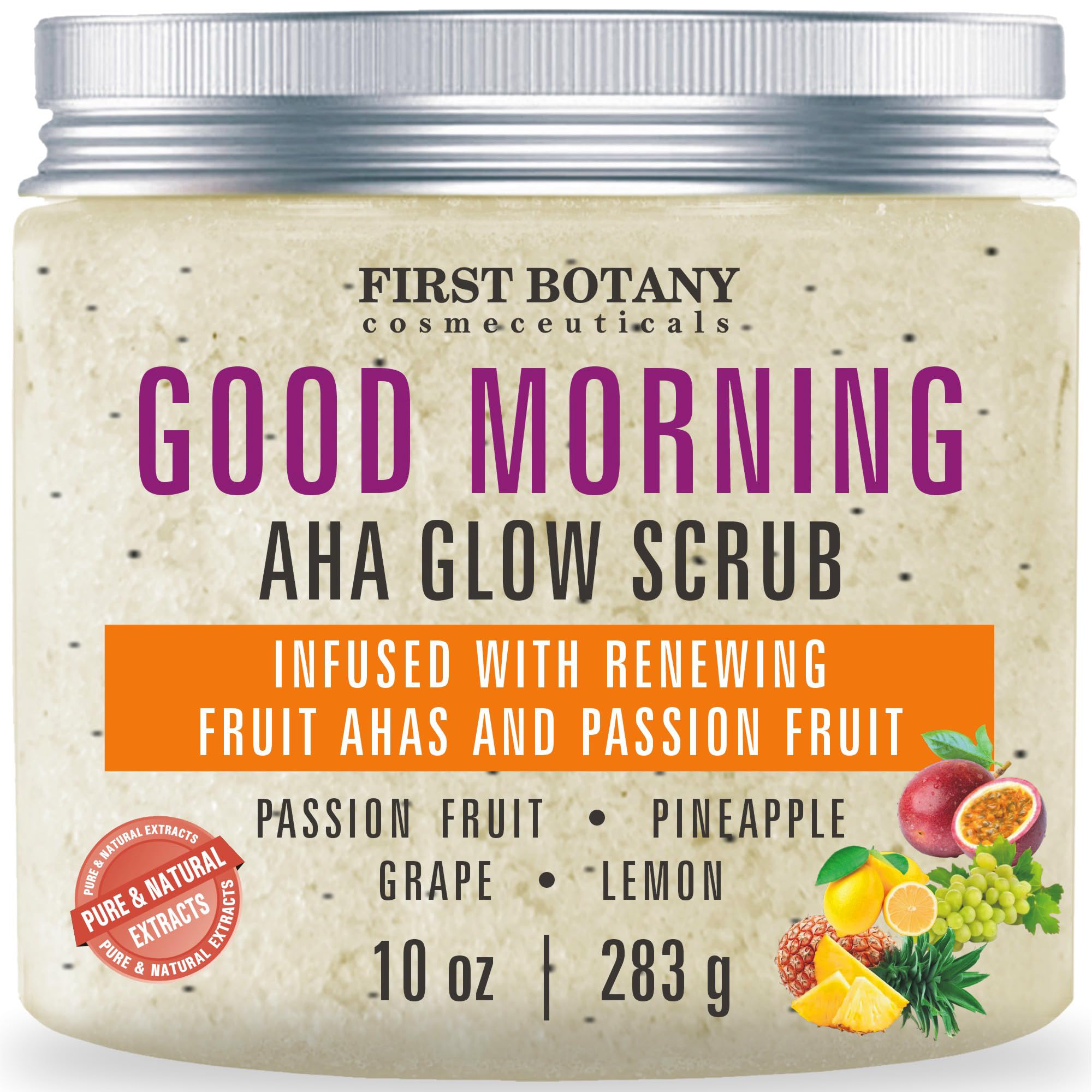 First Botany Body Scrub - Natural Exfoliating Salt Scrub & Body and Face Souffle helps with Moisturizing Skin, Acne, Cellulite, Dead Skin Scars, Wrinkles (10 fl oz, AHA Passion Fruit)