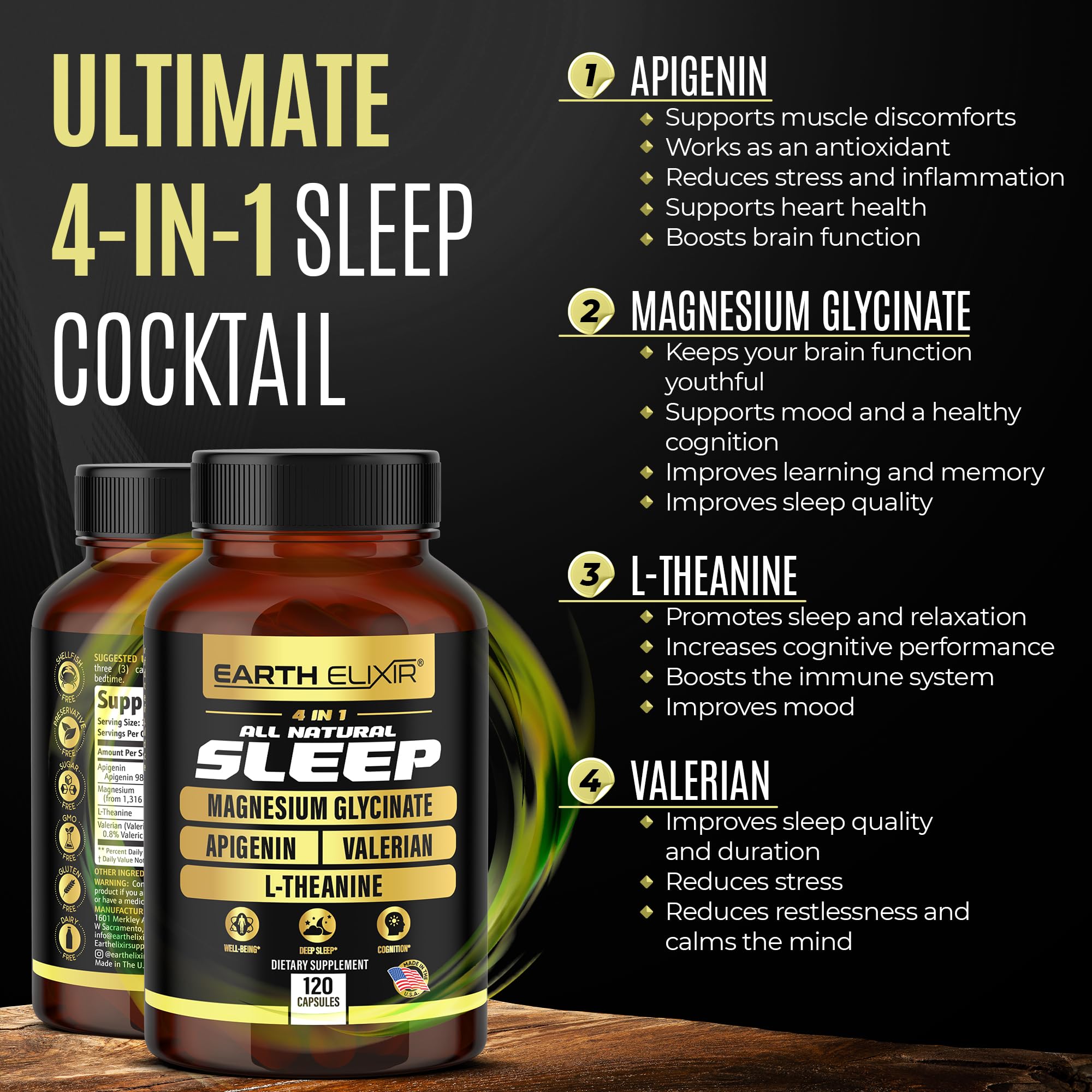 Earth Elixir 4-in-1 Sleep Aid (120 Caps) w/Apigenin 50mg, Magnesium Glycinate 200mg, L Theanine 200mg & Valerian Root for Sleep Aid 300mg | Apigenin Supplement for Sleep | Sleeping Pills