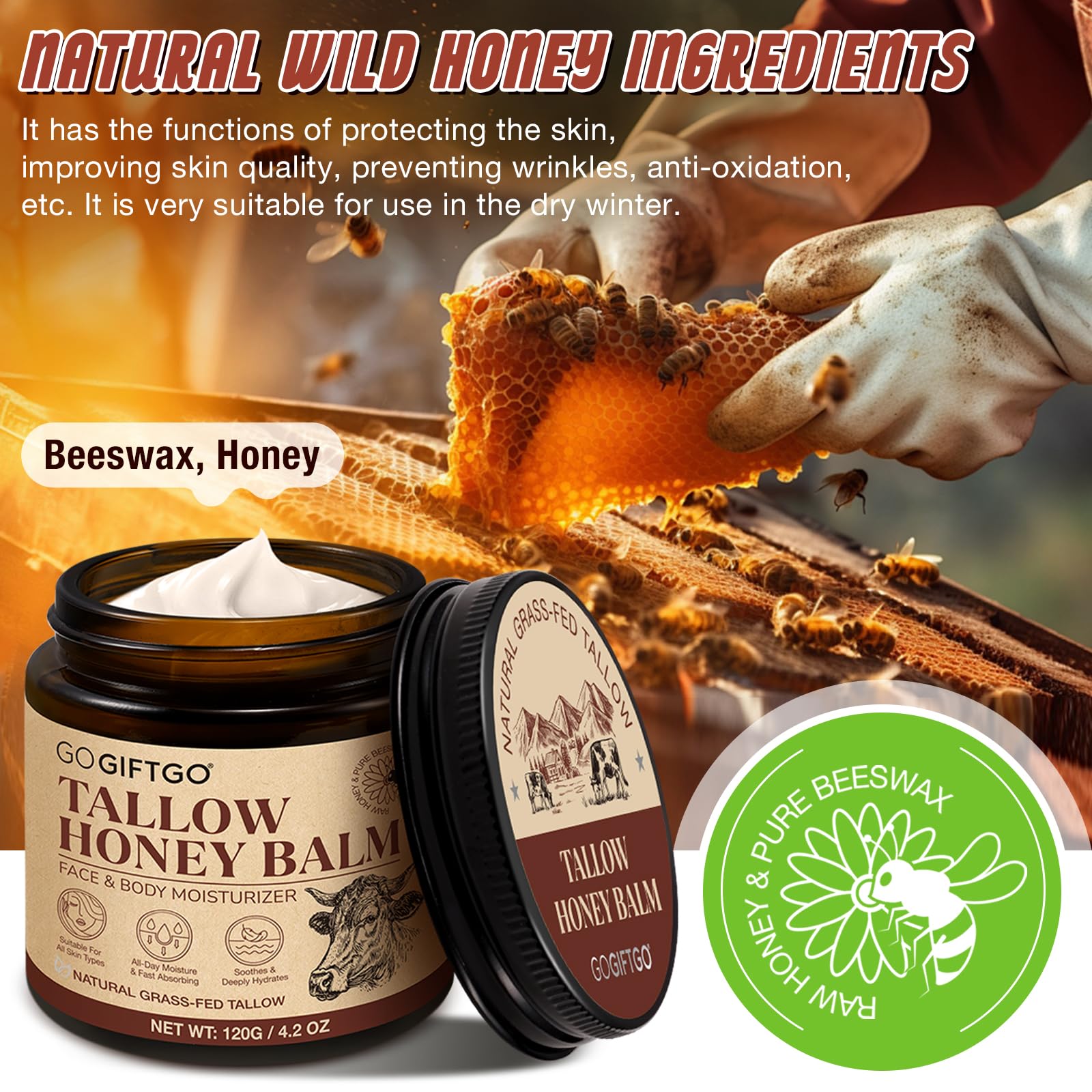 asusxcli Beef Tallow for Skin,Beef Tallow for Face,Beef Tallow and Honey Balm,Grass Fed Whipped Tallow Honey Balm,Natural Moisturizer Hydrates,Deeply Nourishes the Skin, Enhances Natural Radiance