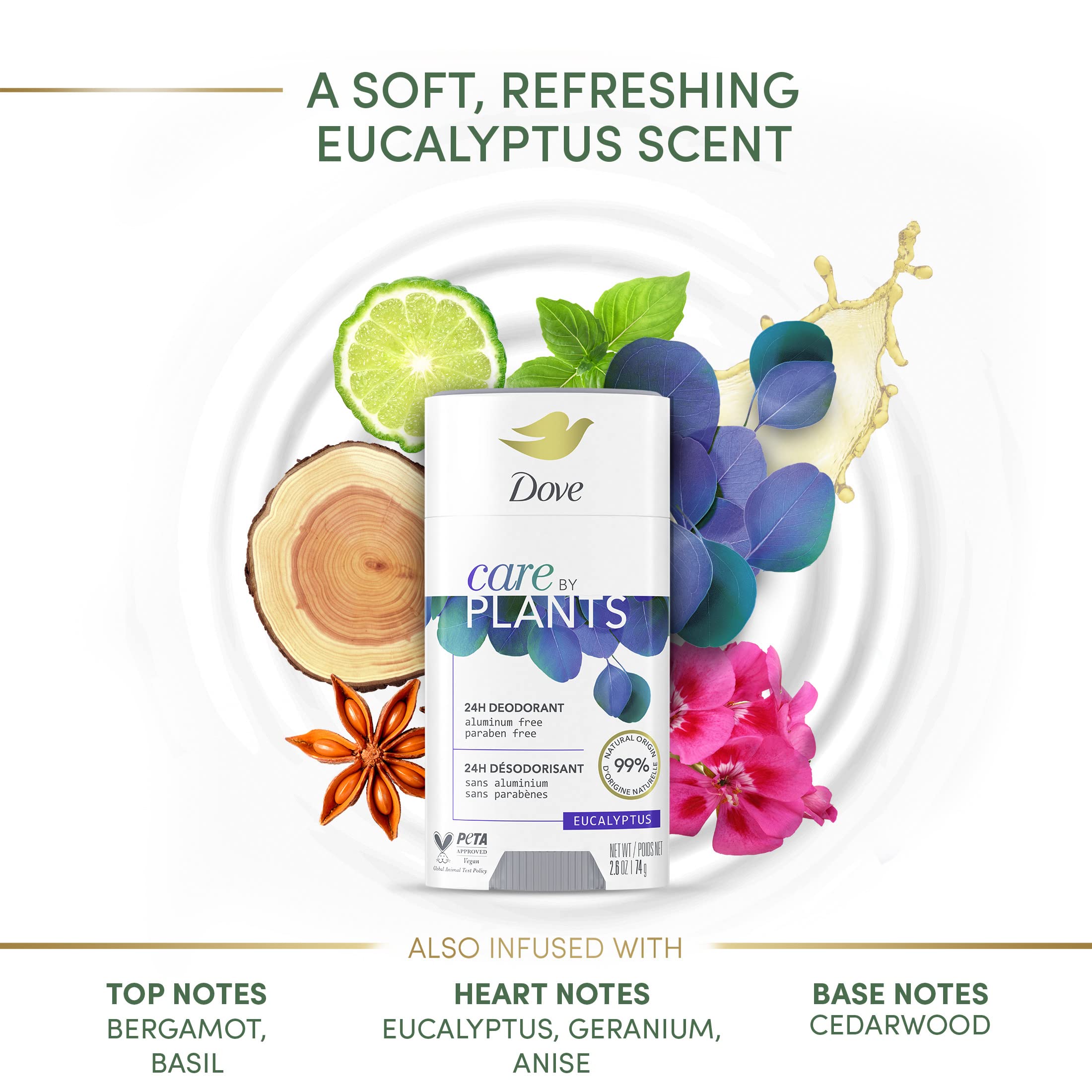 Dove Care by Plants Deodorant Stick for underarm skin care and 24 hour deodorant protection Eucalyptus no aluminum deodorant 2.6 oz 3 Count