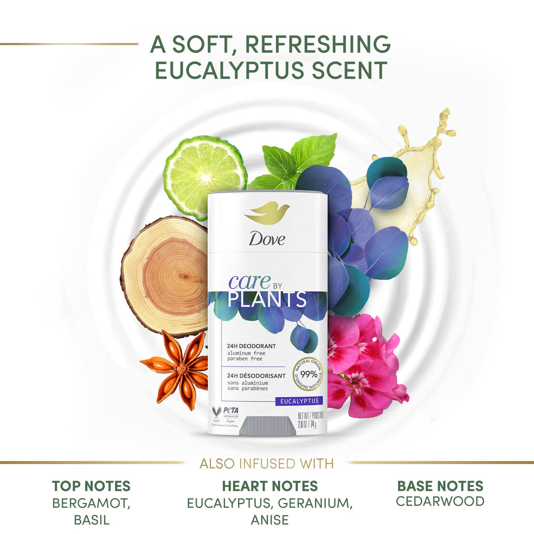 Dove Care by Plants Deodorant Stick for underarm skin care and 24 hour deodorant protection Eucalyptus no aluminum deodorant 2.6 oz 3 Count