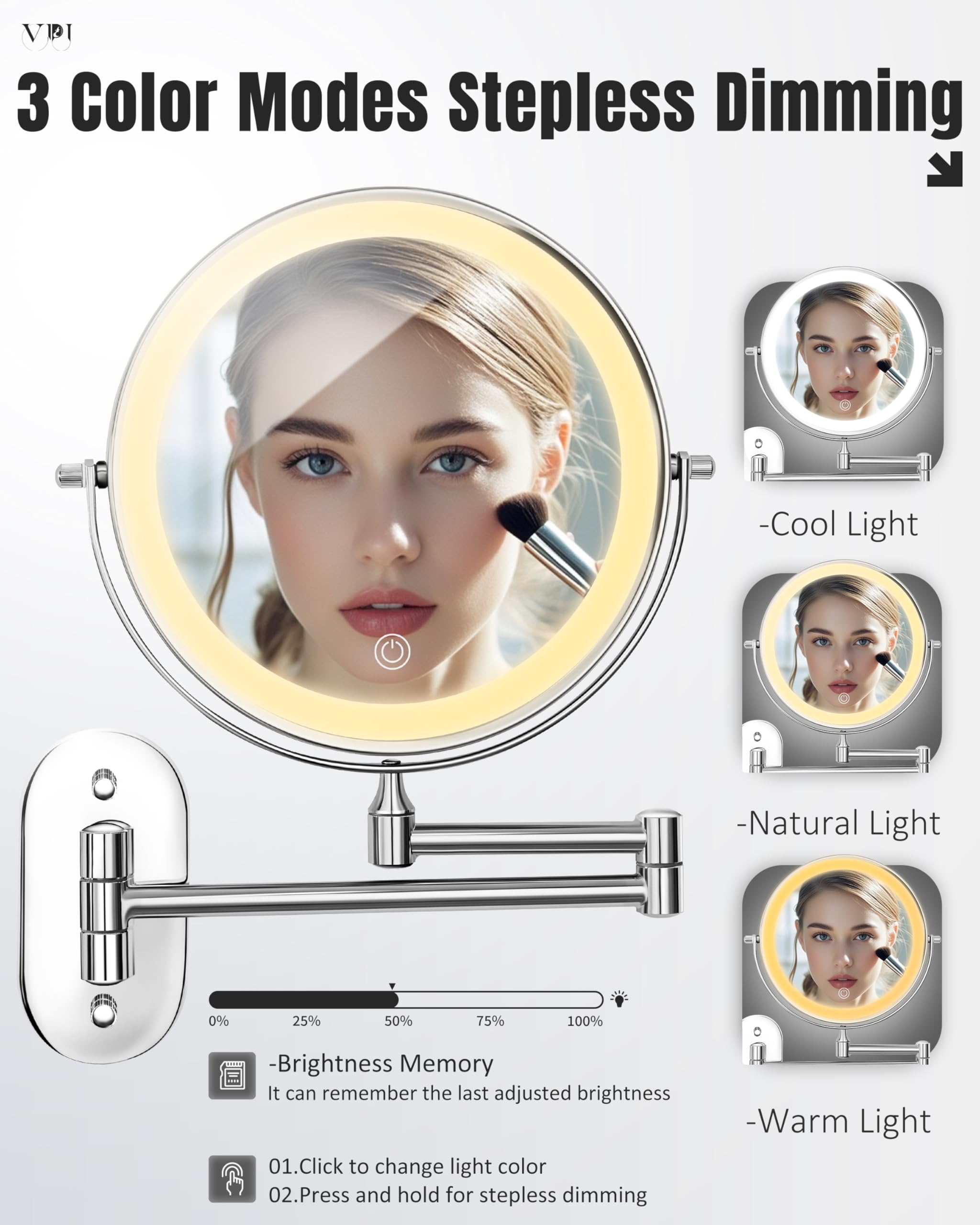 Wall Mounted Makeup Mirror with Light, 20X/1X 8'' Double Sided LED Magnifying Bathroom Lighted Vanity Mirror with Magnification, 3 Color Light up Touch Dimmable Extended Arm 360 Rotation