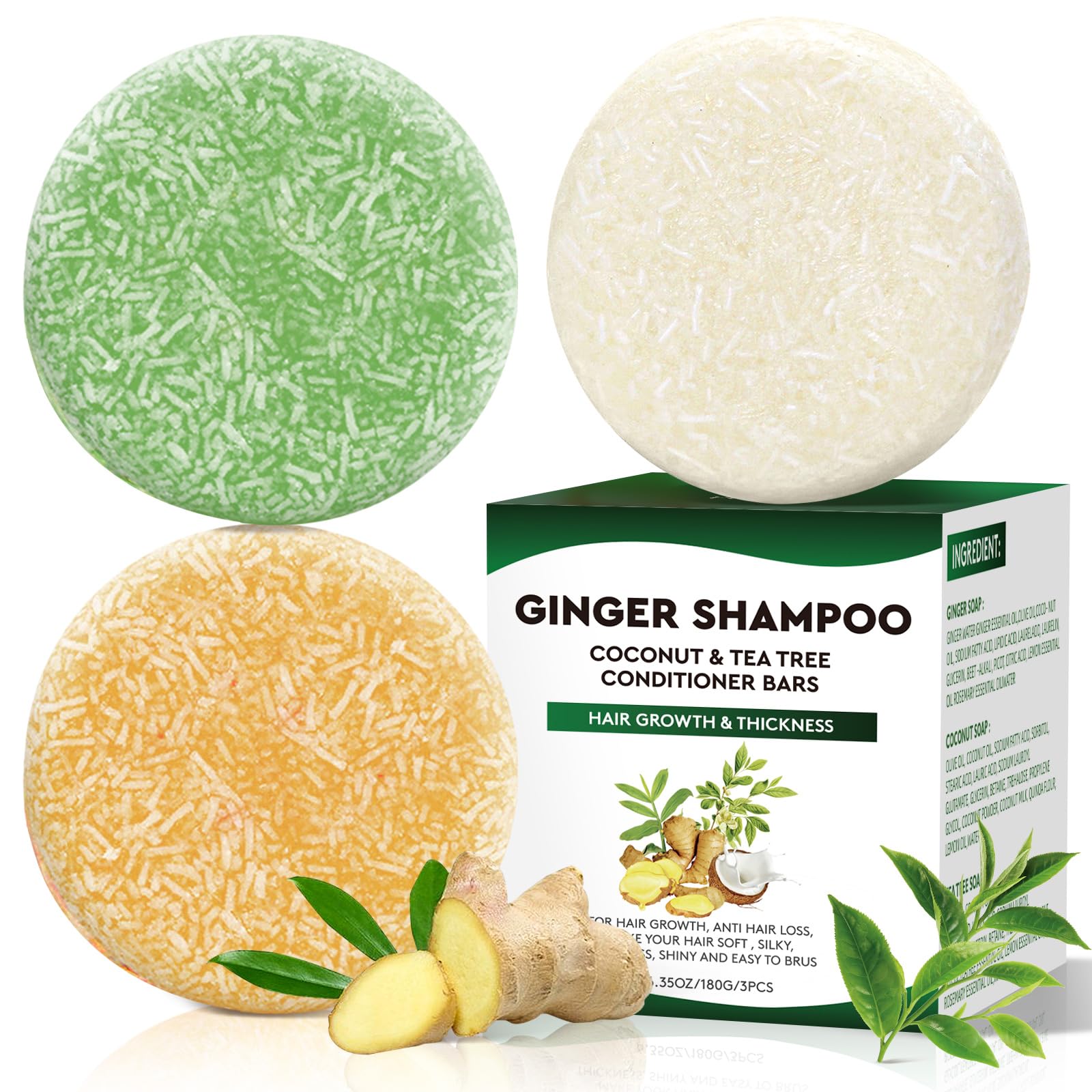 Pubpok Shampoo Bars and Conditioner Set for Hair Growth, Nature Ginger & Tea Tree Shampoo Bar, Coconut Conditioner Solid Soap for Anti Hair Loss