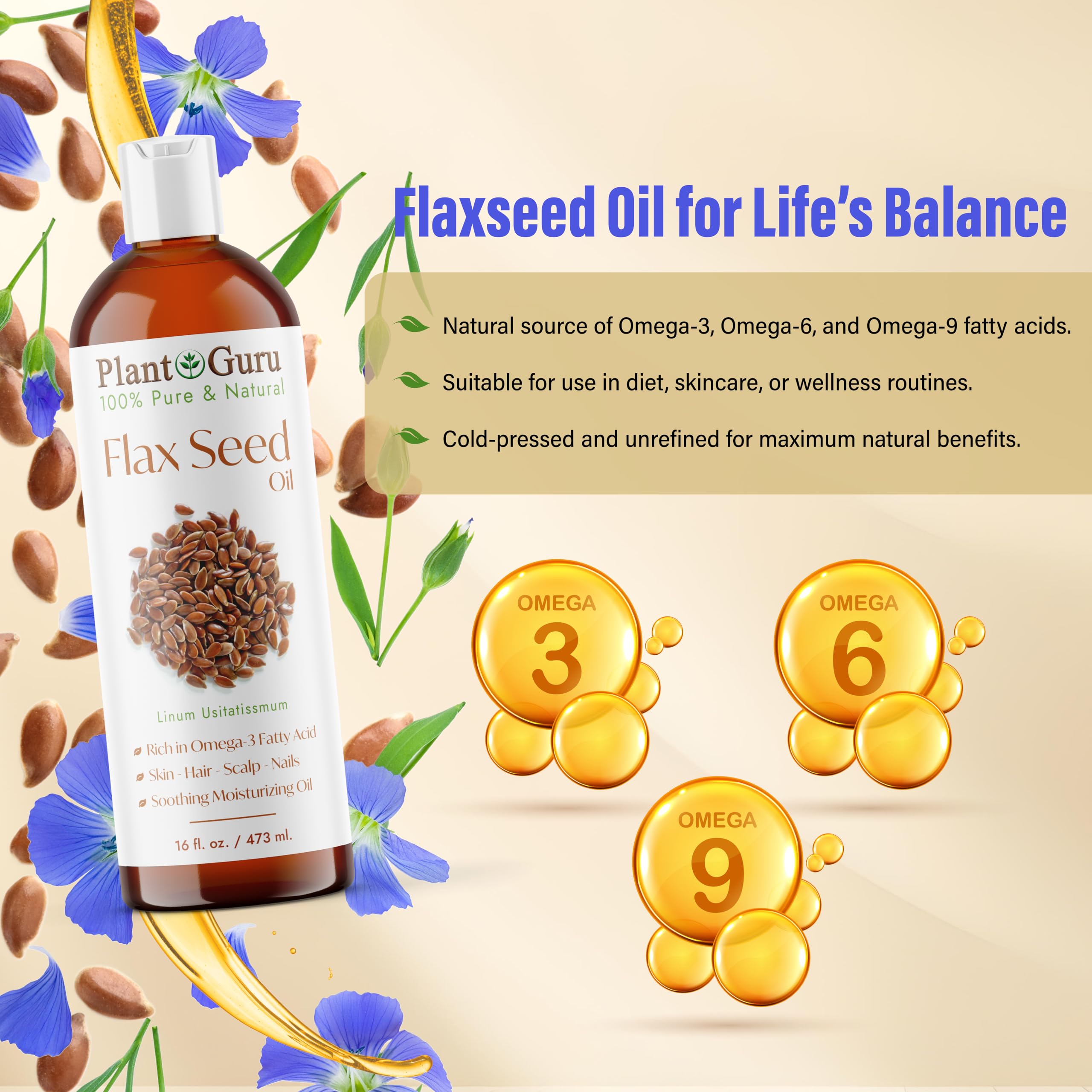 Flaxseed Oil 16 fl. oz. Unrefined Cold Pressed 100% Pure Natural Carrier For Skin, Face, Body Moisturizer, and Hair Growth.