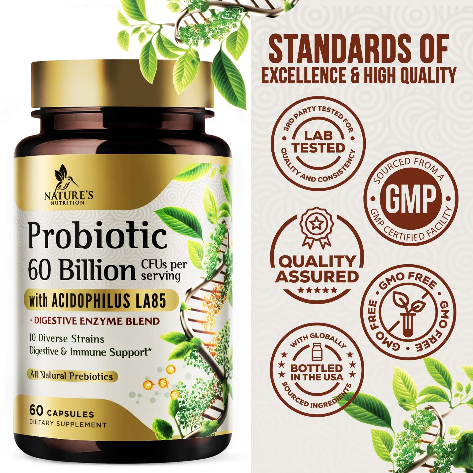 Probiotics 60 Billion CFU per Serving - 10 Strains + Prebiotics - Immune, Digestive & Gut Health Support, Supports Occasional Constipation, Gas & Bloating - Shelf Stable for Women & Men - 60 Capsules