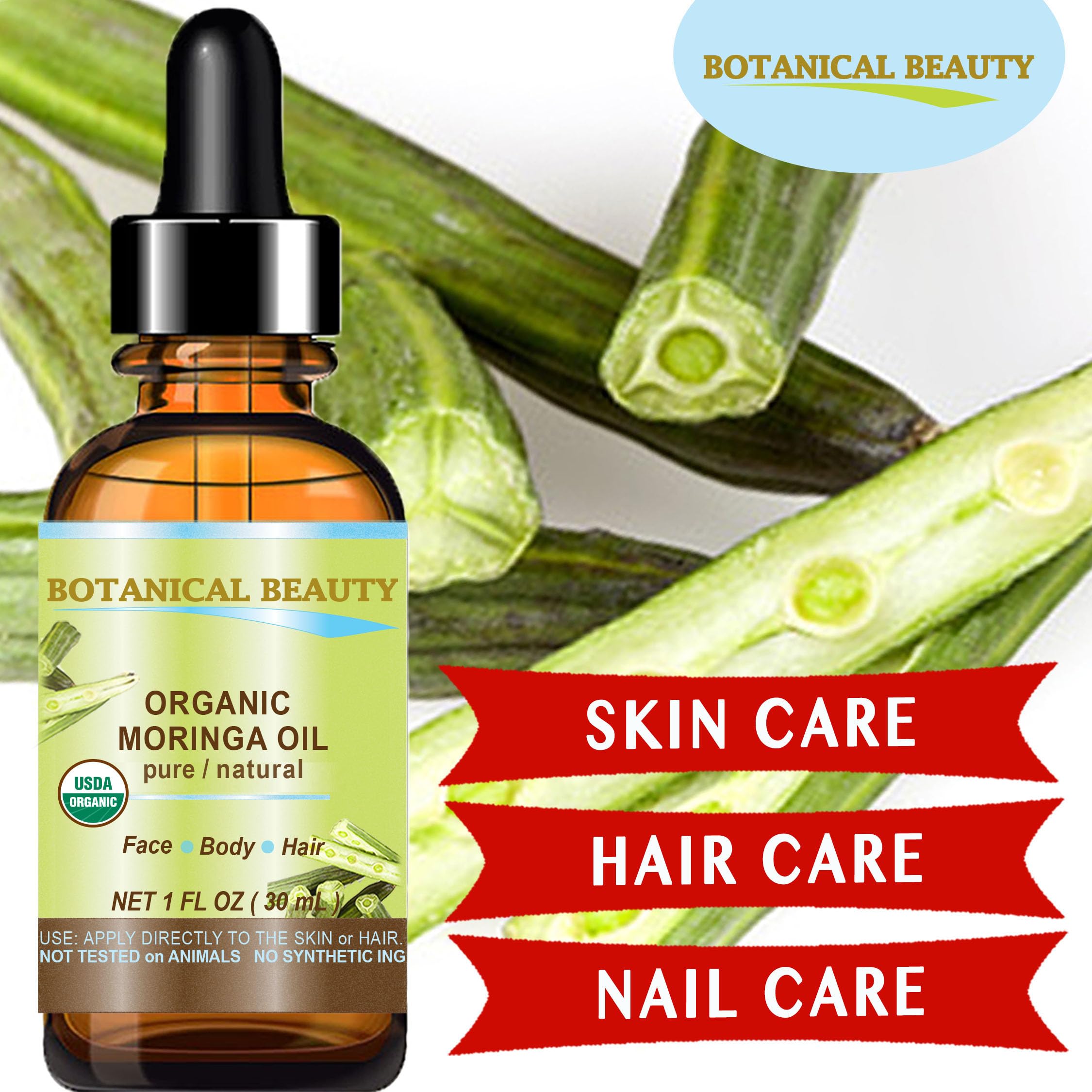 Botanical Beauty Organic Moringa Oil 100% Pure Natural Undiluted 1 Fl.oz.- 30 ml. for Face Skin, Hair, Lips, Body, Nails Rich in Vitamin C, Vitamin E