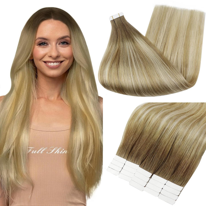 Fshine Tape Hair Extensions Human Hair 16 Inch 50 Grams Tape in Hair Extensions Double Sided Color 6 Fading to 27 Honey Blonde Highlight 60 Blonde Glue in Hair Extensions Skin Weft Hair Extensions